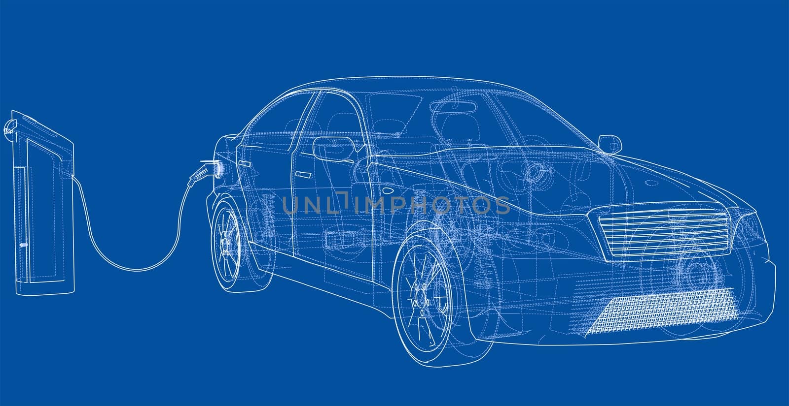 Electric Vehicle Charging Station Sketch. 3d illustration. Wire-frame style