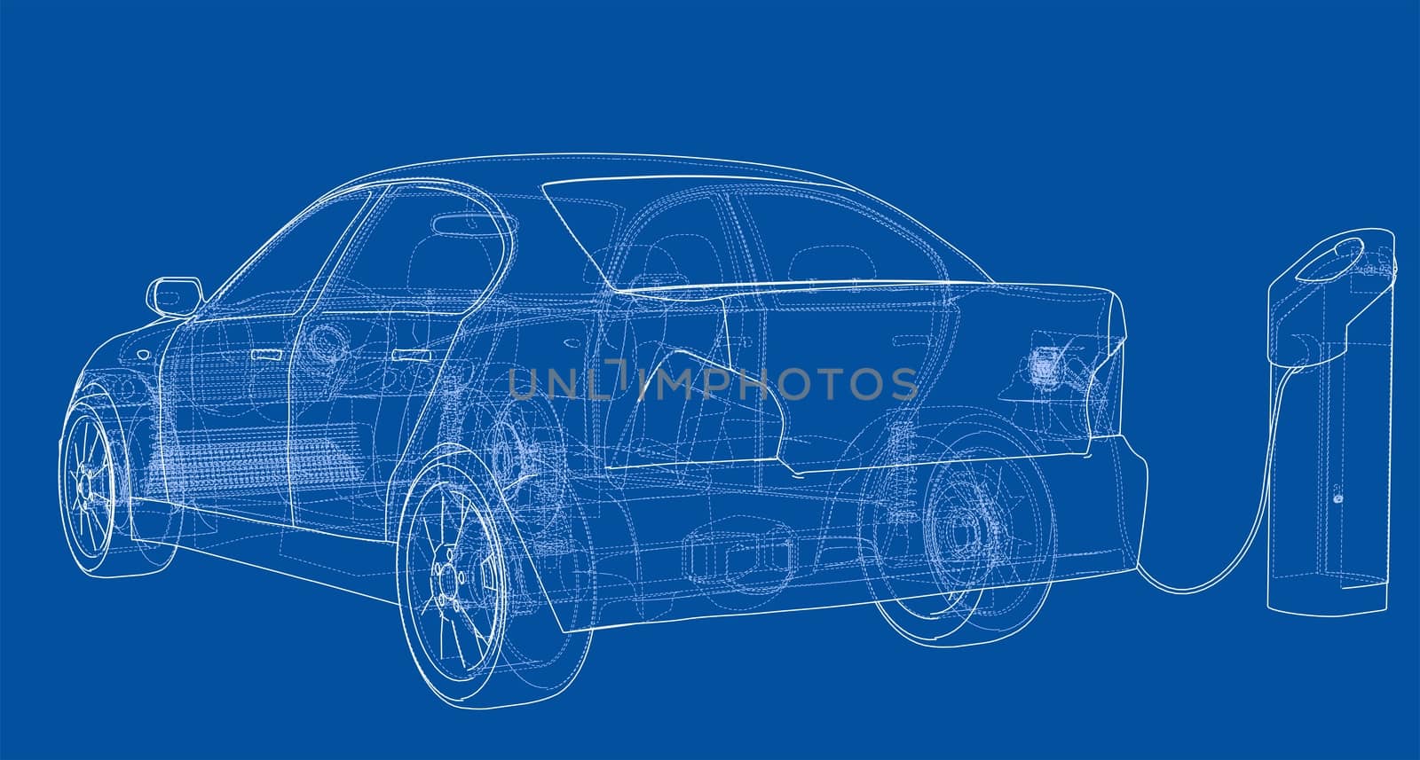 Electric Vehicle Charging Station Sketch. 3d illustration. Wire-frame style