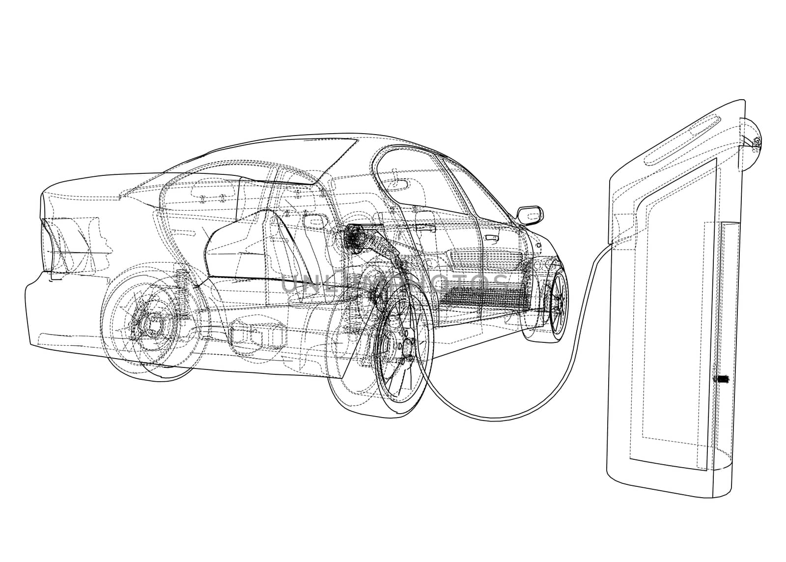 Electric Vehicle Charging Station Sketch. 3d illustration. Wire-frame style