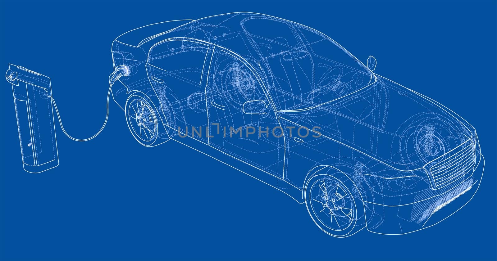 Electric Vehicle Charging Station Sketch. 3d illustration. Wire-frame style