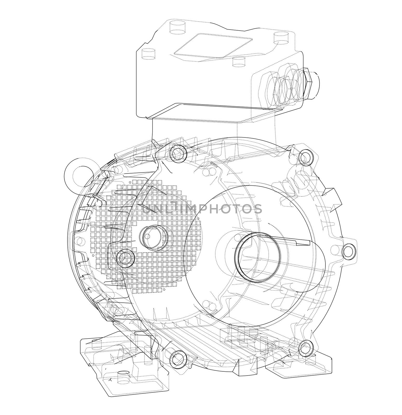 Electric motor outline. 3d illustration. Wire-frame style