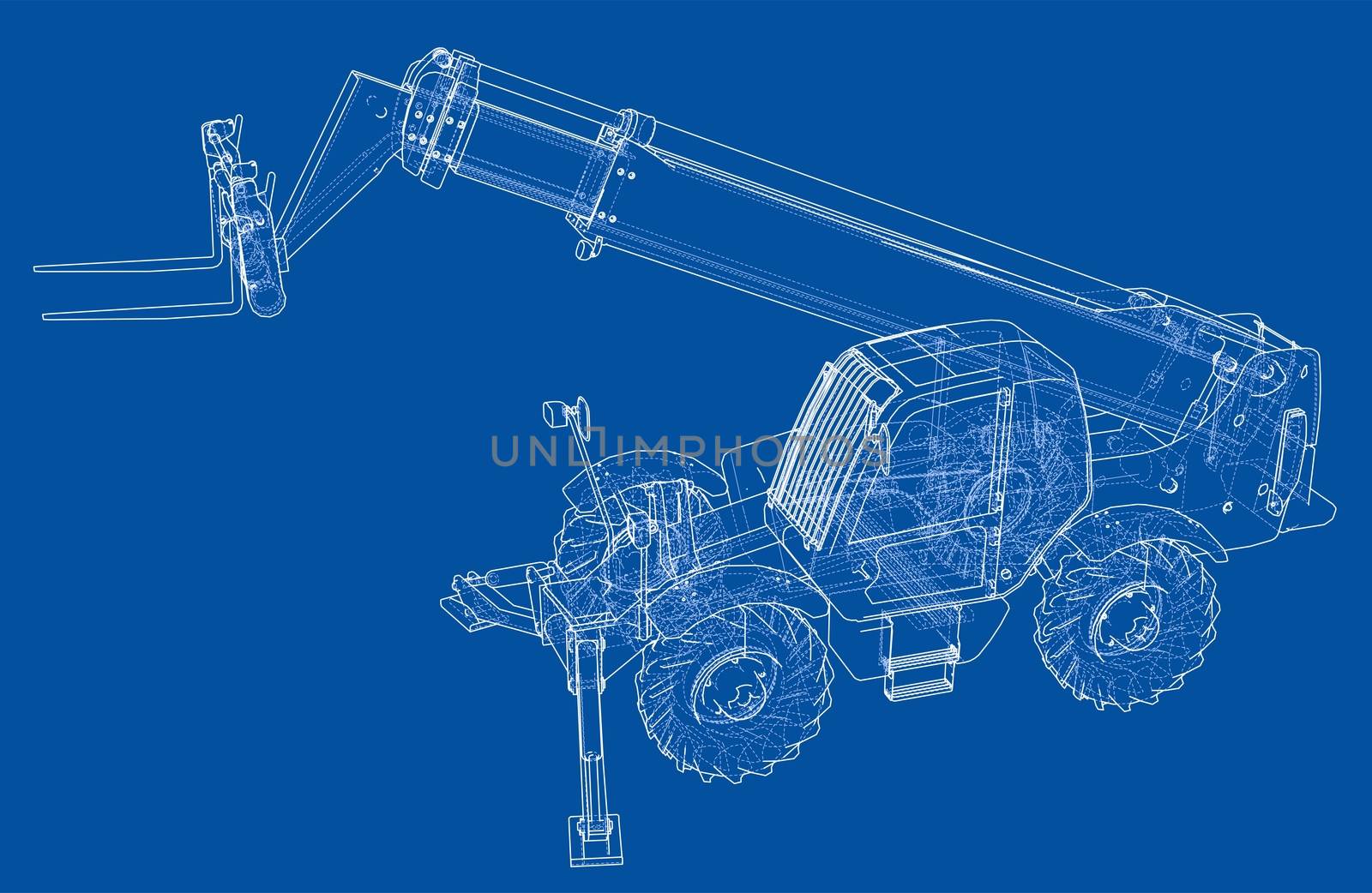 Forklift concept. 3d illustration. Blueprint or Wire-frame style