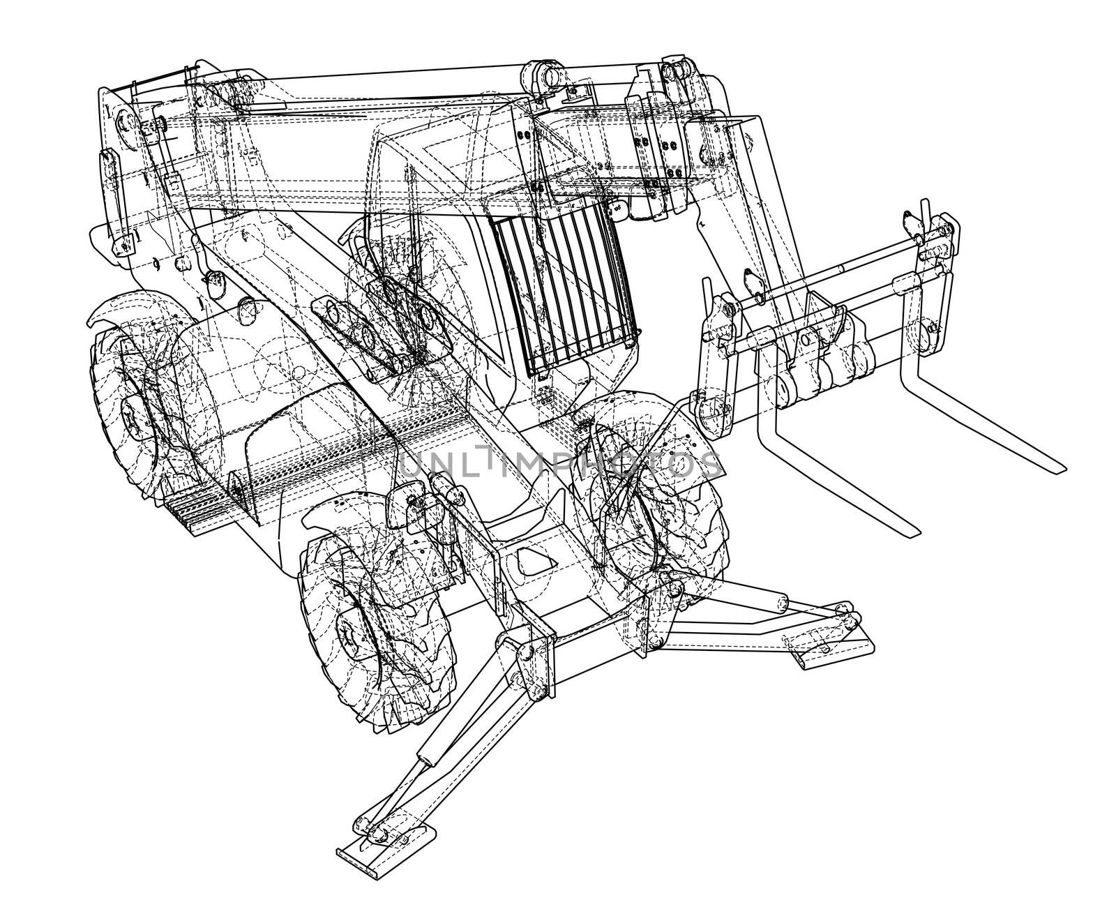 Forklift concept. 3d illustration. Blueprint or Wire-frame style