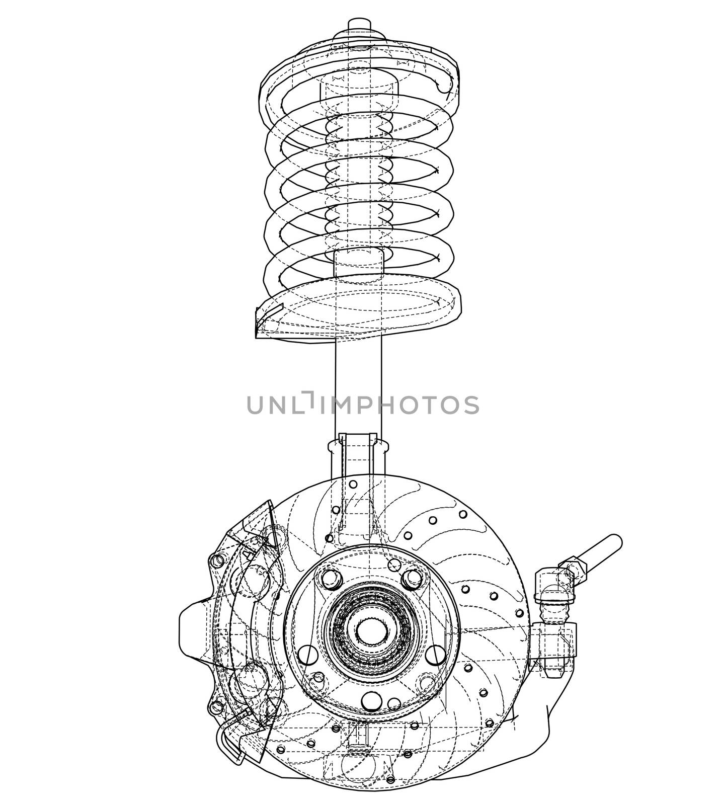 Car suspension with shock absorber. 3d illustration. Wire-frame style