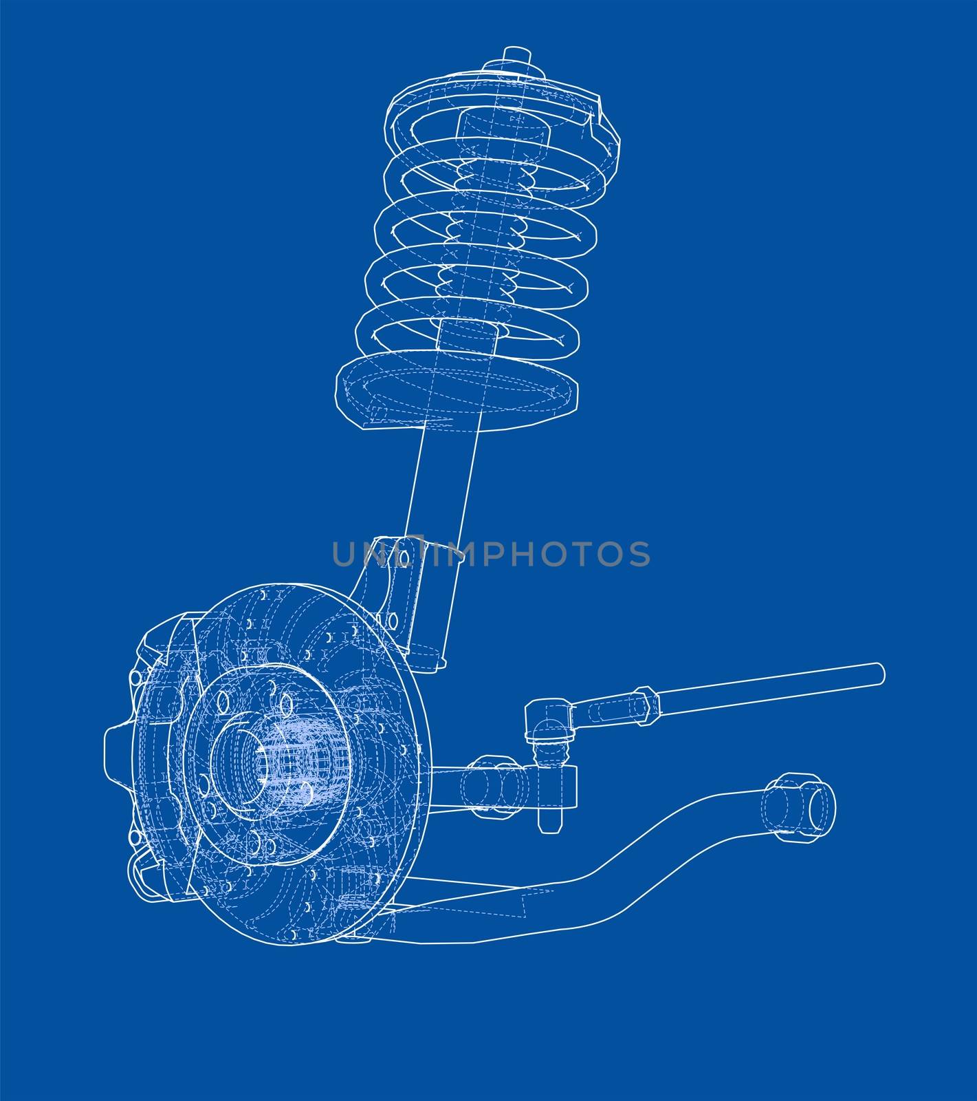 Car suspension with shock absorber. 3d illustration. Wire-frame style