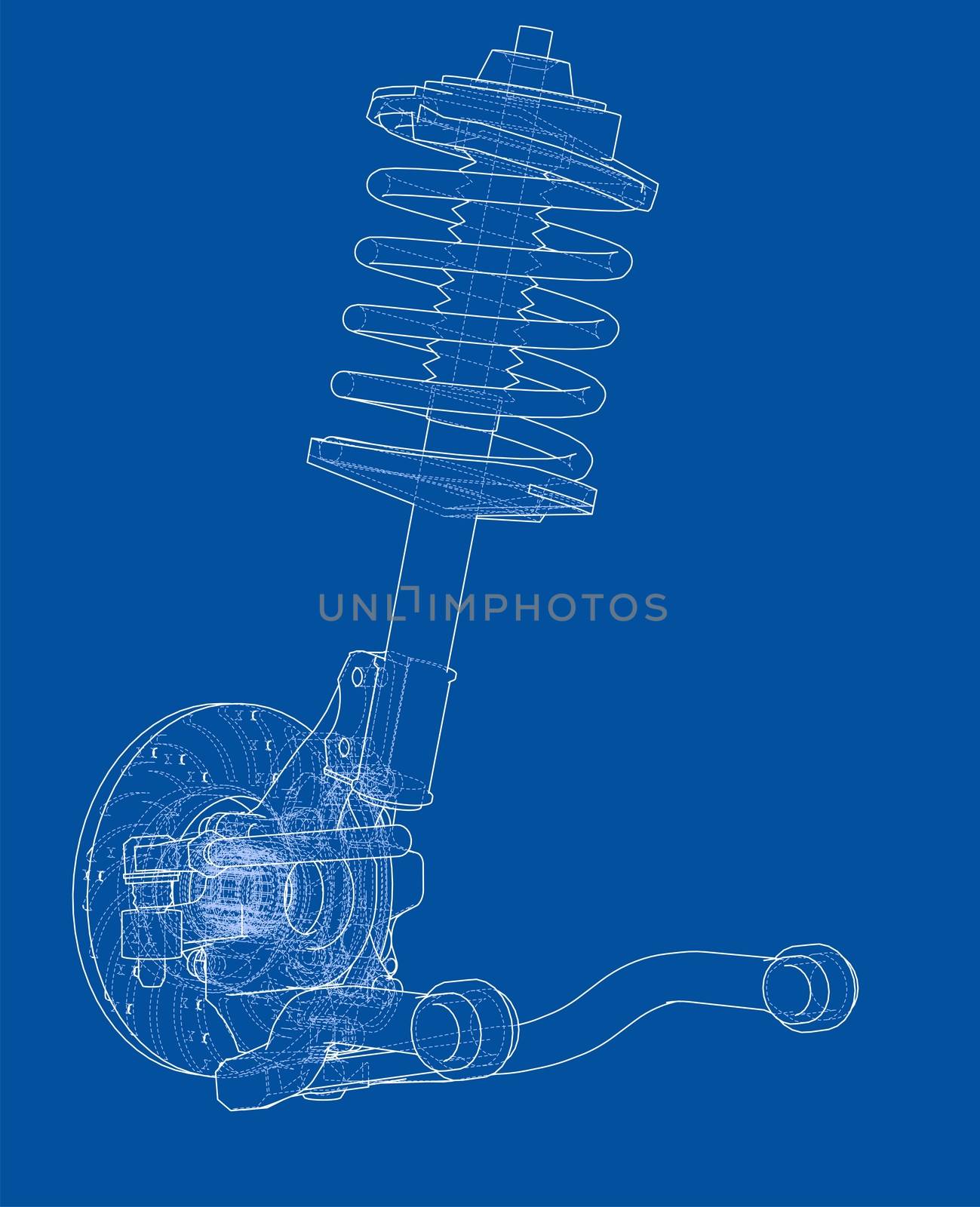 Car suspension with shock absorber. 3d illustration. Wire-frame style