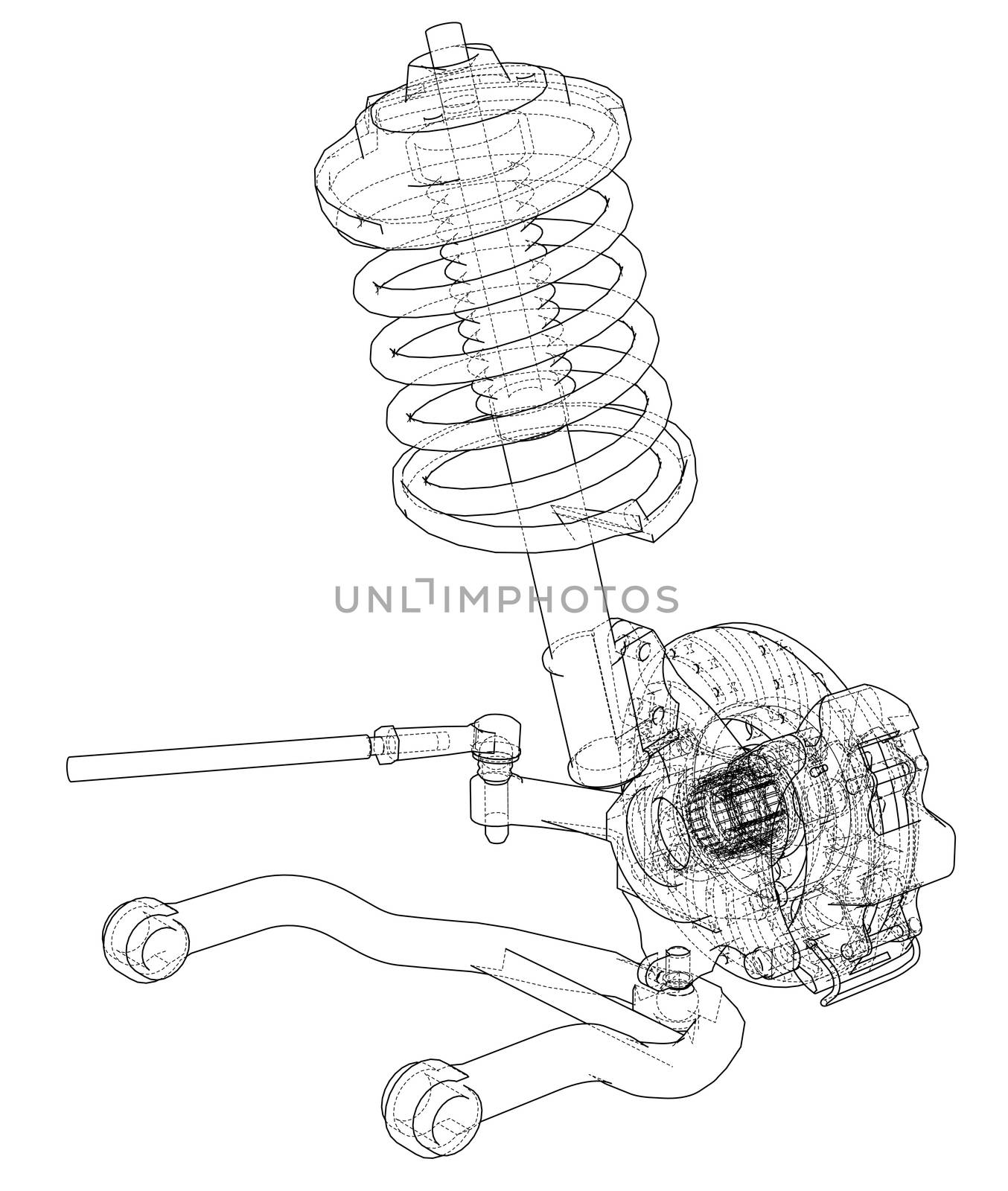 Car suspension with shock absorber. 3d illustration. Wire-frame style