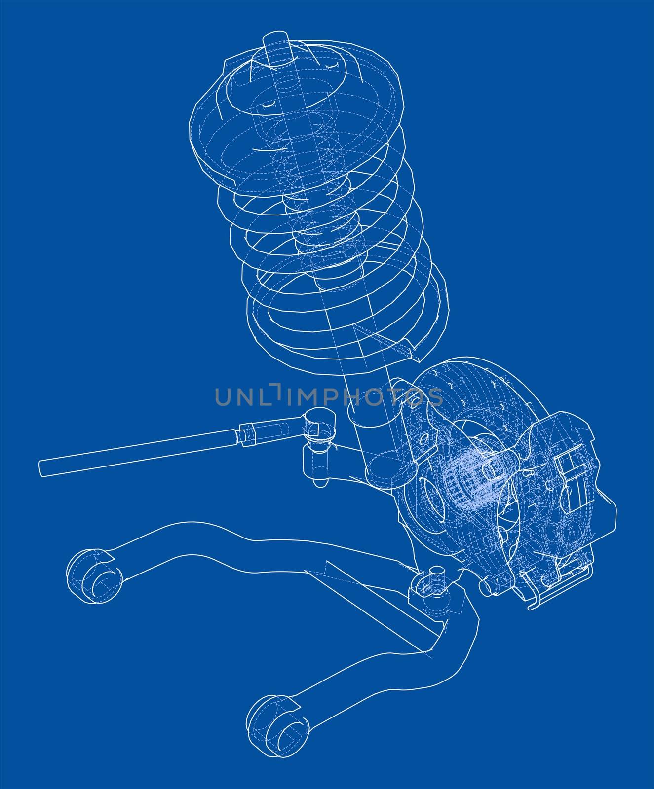 Car suspension with shock absorber. 3d illustration. Wire-frame style