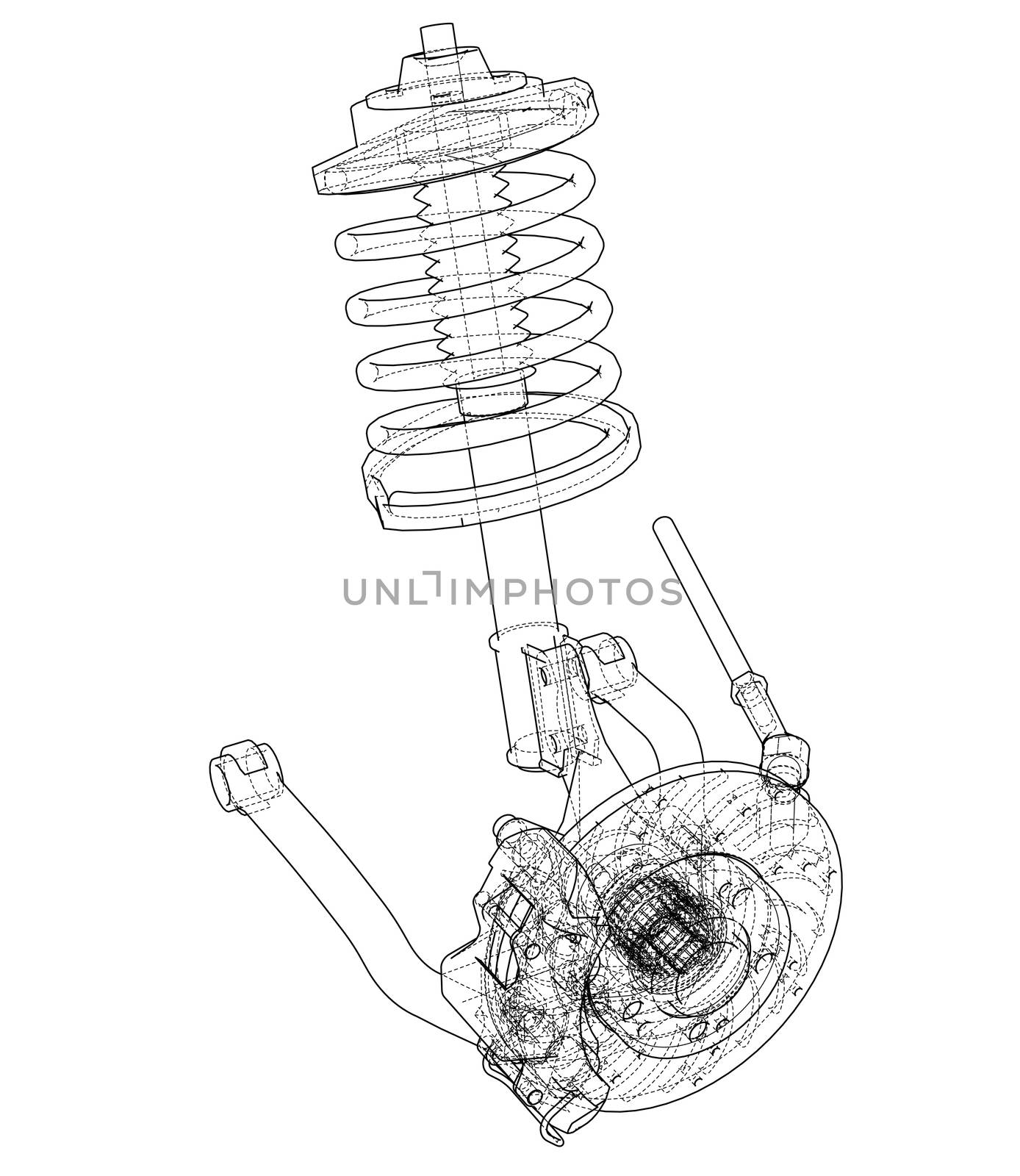 Car suspension with shock absorber. 3d illustration. Wire-frame style