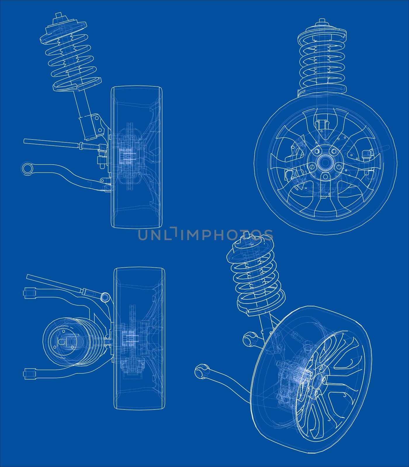 Car suspension with wheel tire and shock absorber. 3d illustration. Wire-frame style