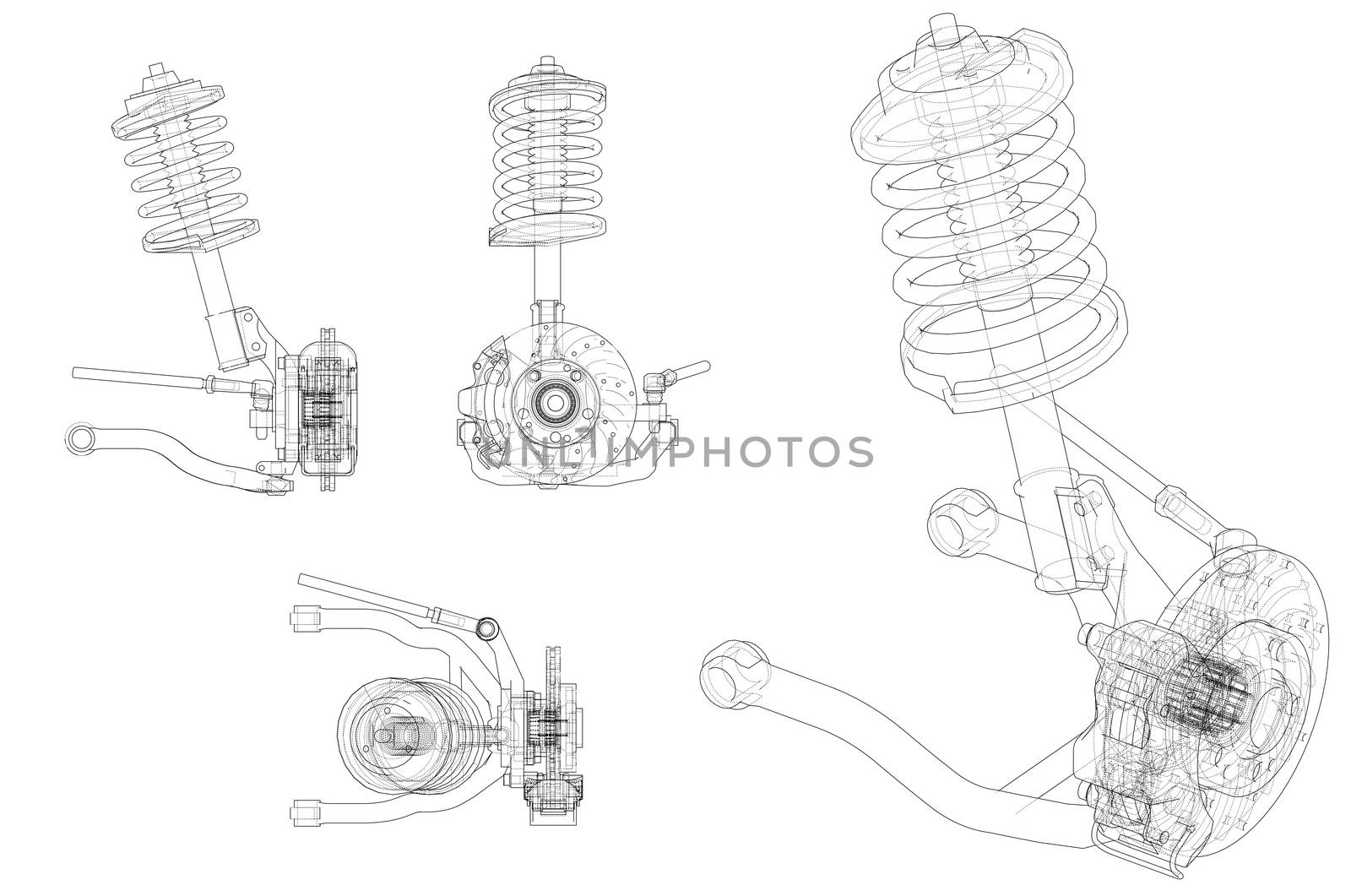 Car suspension with shock absorber. 3d illustration. Wire-frame style