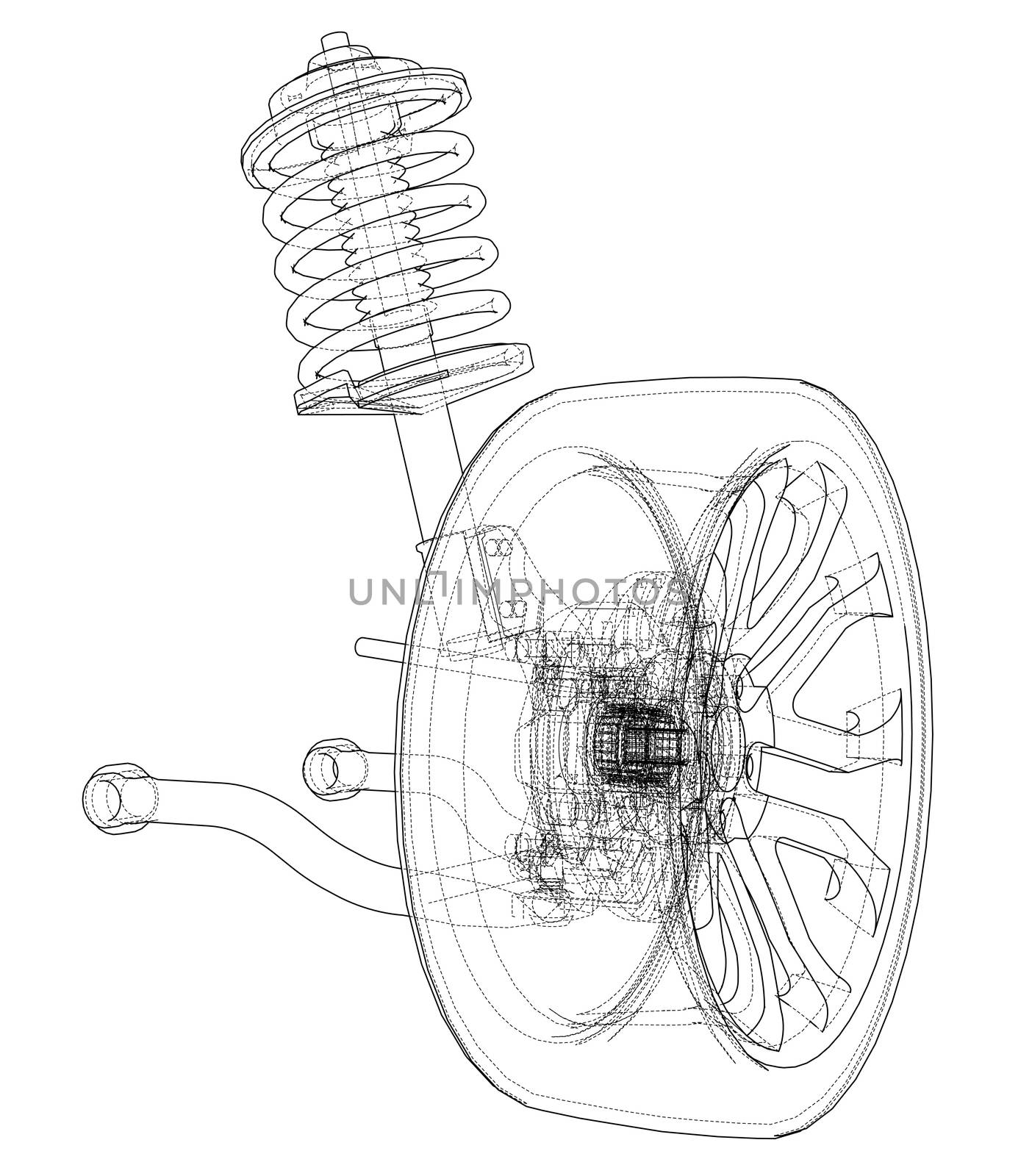 Car suspension with wheel tire and shock absorber. 3d illustration. Wire-frame style