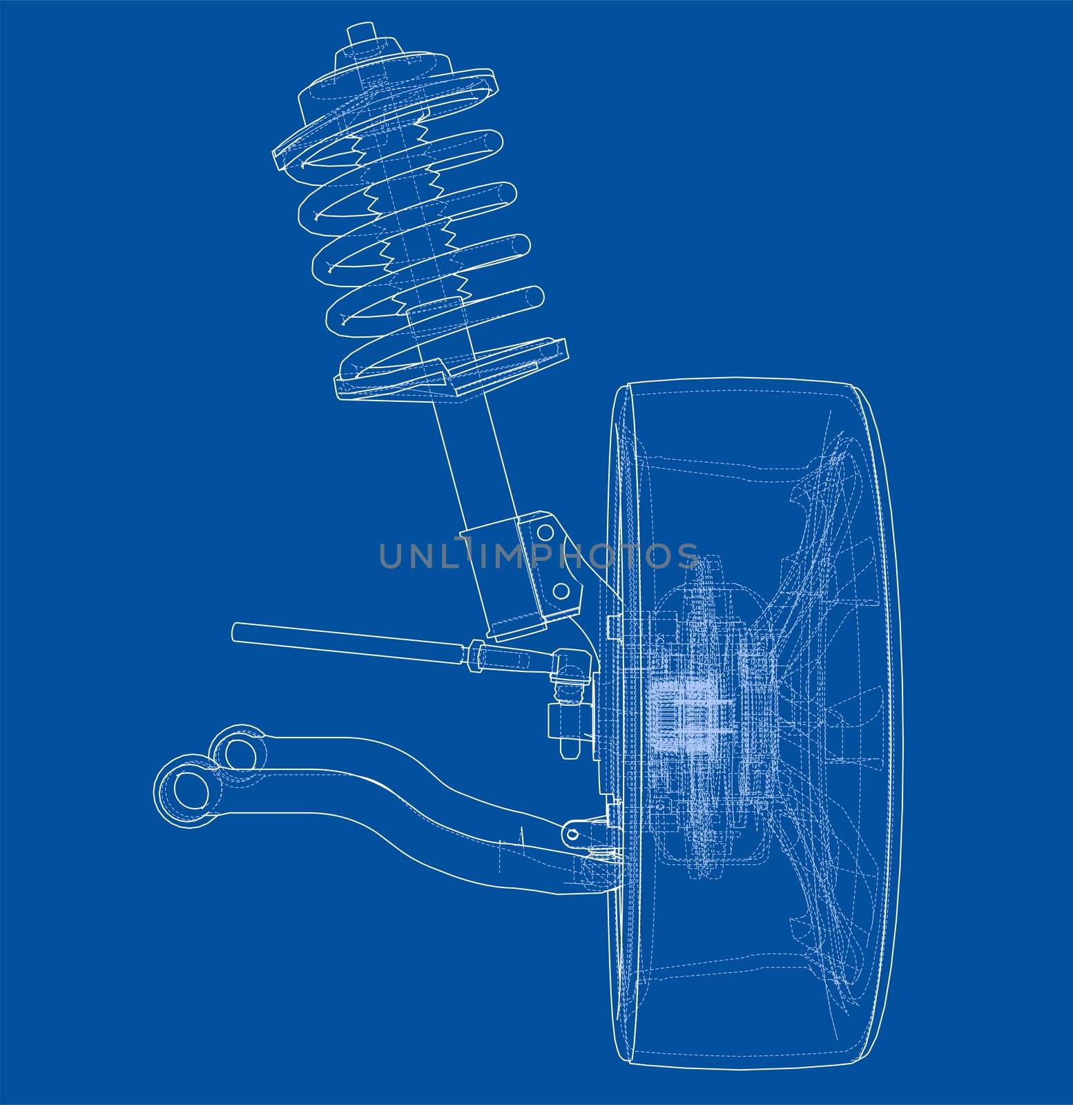 Car suspension with wheel tire and shock absorber. 3d illustration. Wire-frame style