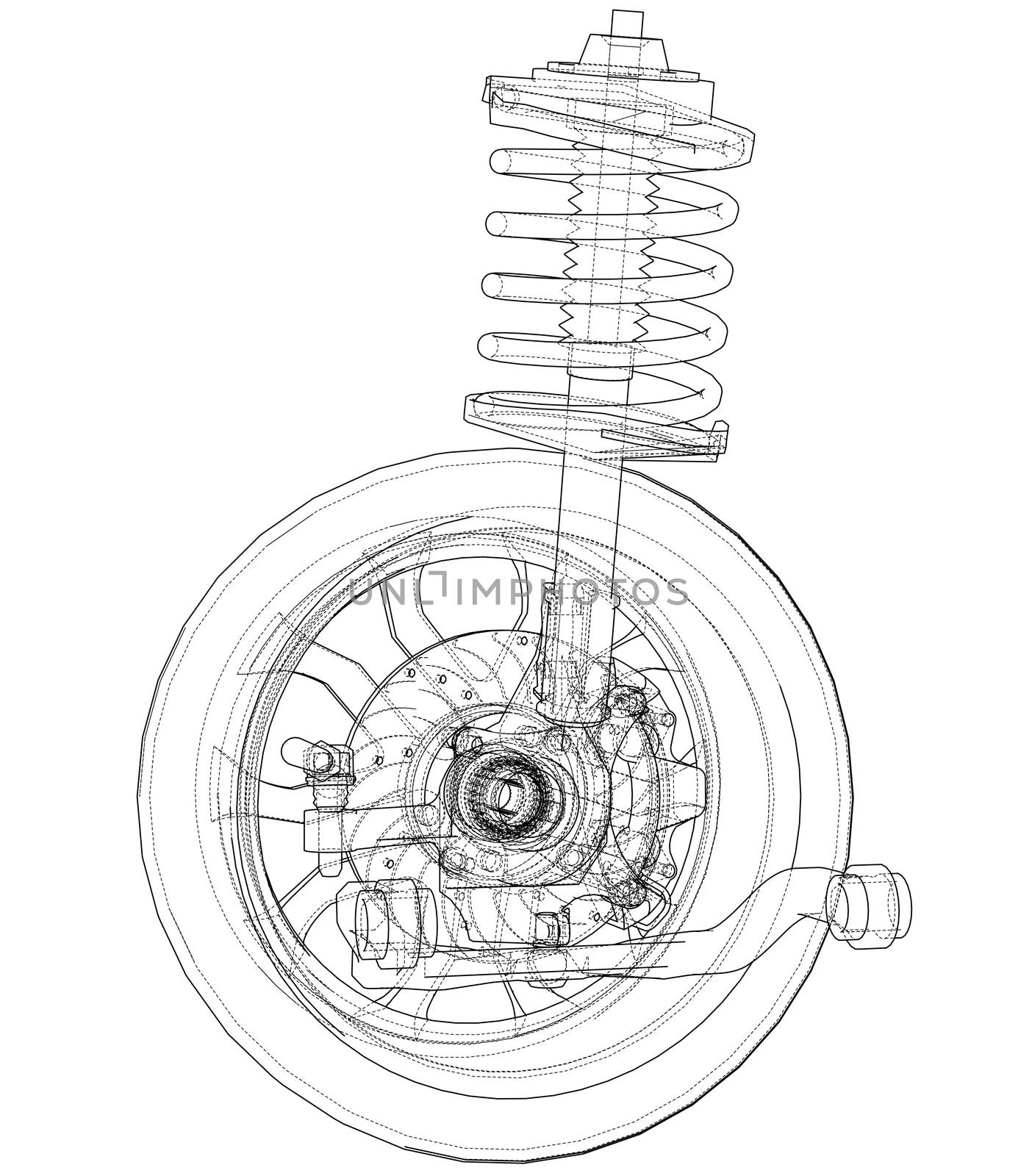 Car suspension with wheel tire and shock absorber. 3d illustration. Wire-frame style