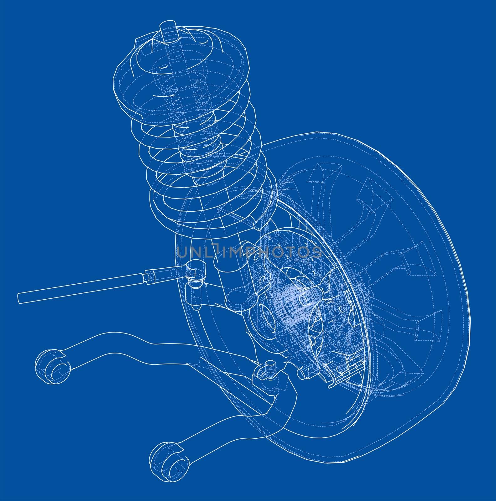 Car suspension with wheel tire and shock absorber. 3d illustration. Wire-frame style