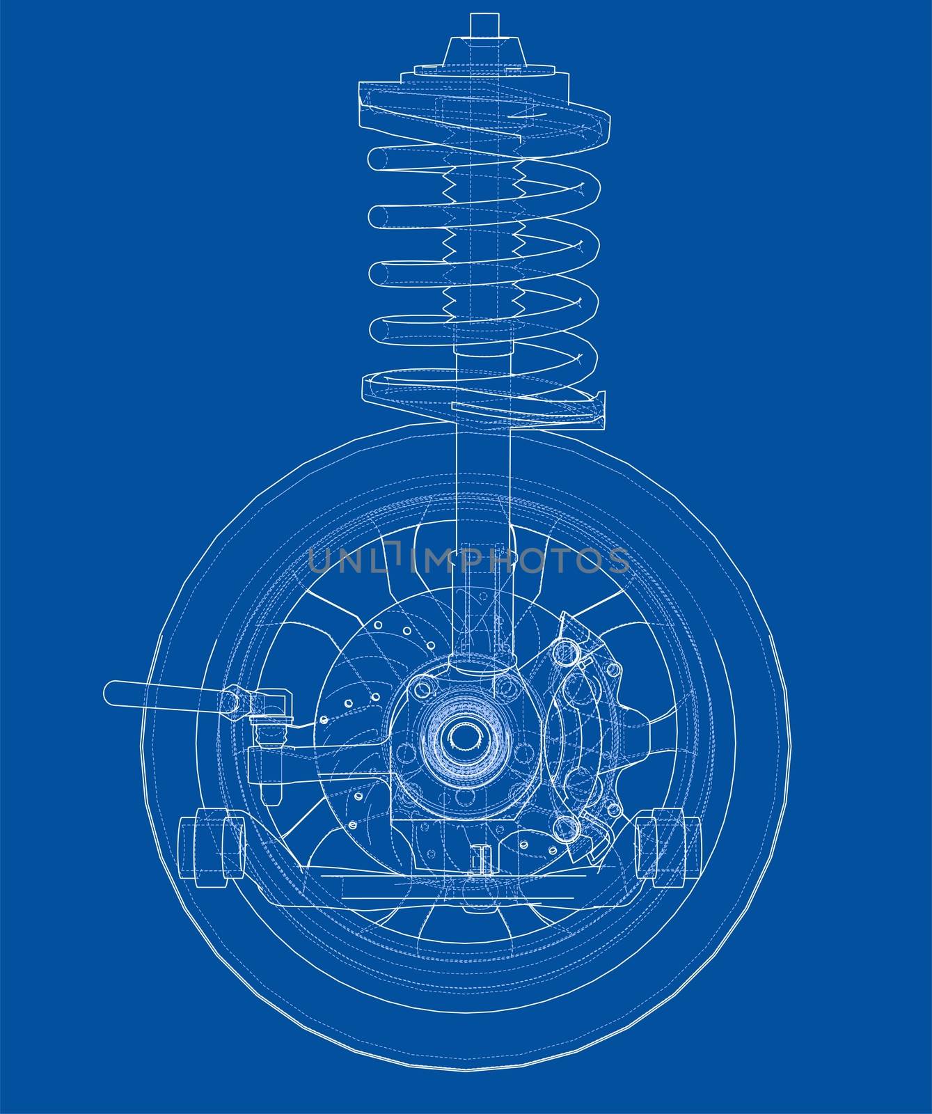 Car suspension with wheel tire and shock absorber. 3d illustration. Wire-frame style