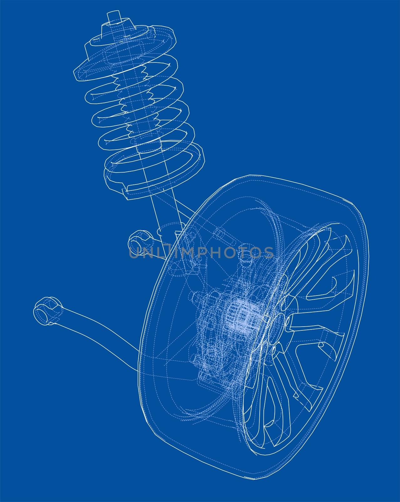 Car suspension with wheel tire and shock absorber. 3d illustration. Wire-frame style