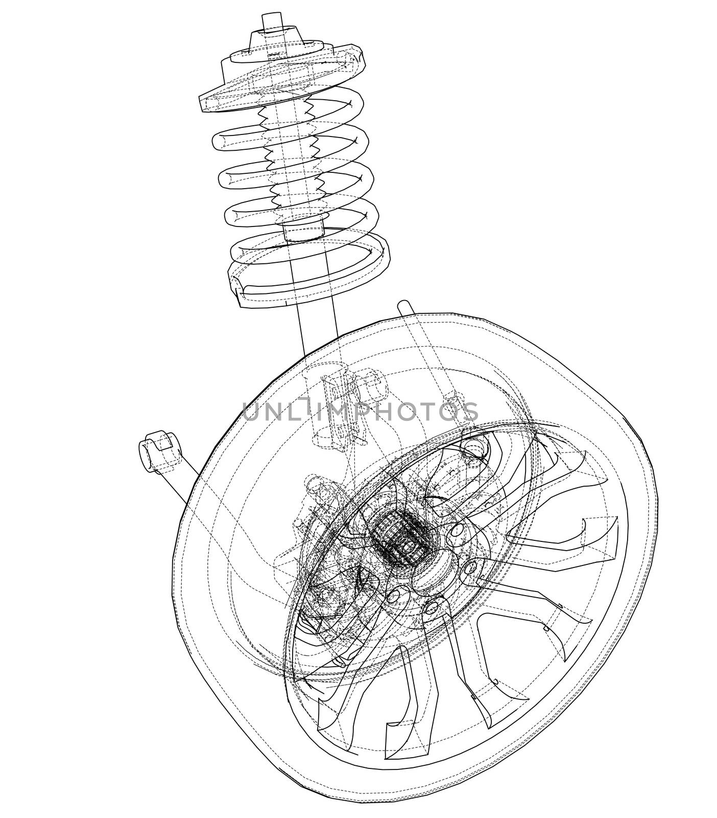 Car suspension with wheel tire and shock absorber. 3d illustration. Wire-frame style