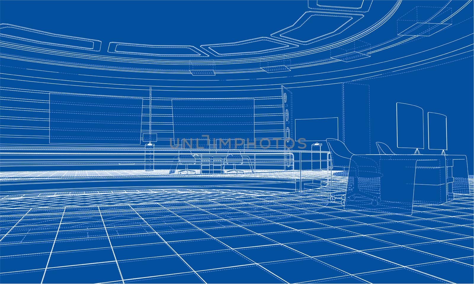 3D outline interior. 3d illustration. Wire-frame style