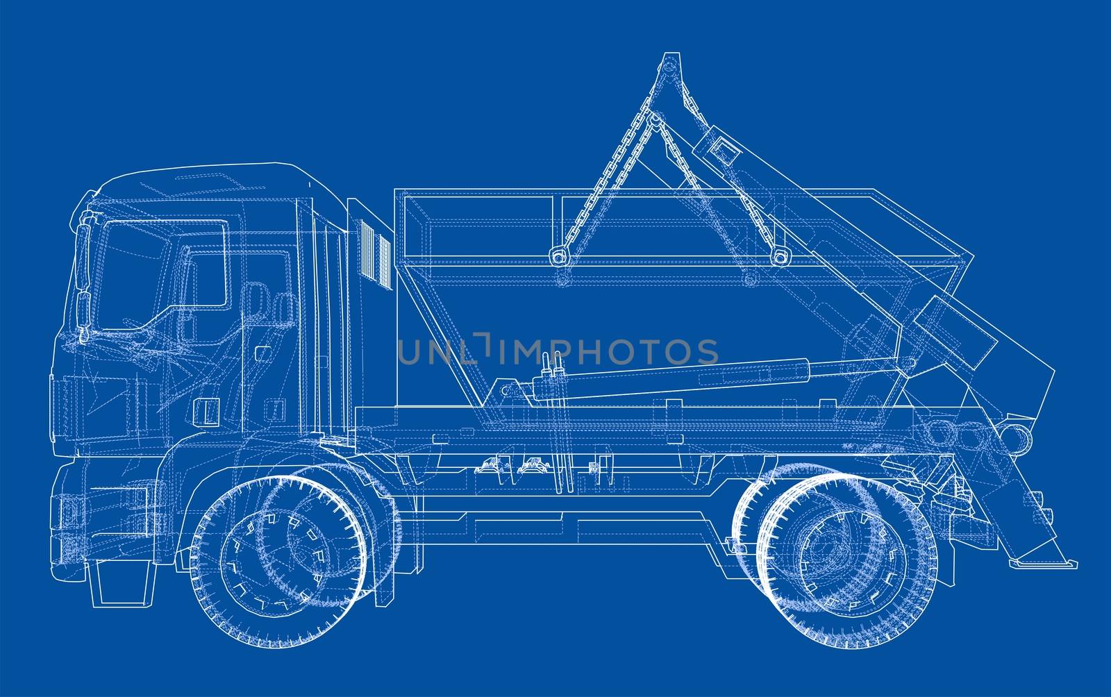 Garbage truck concept. 3d illustration. Wire-frame style