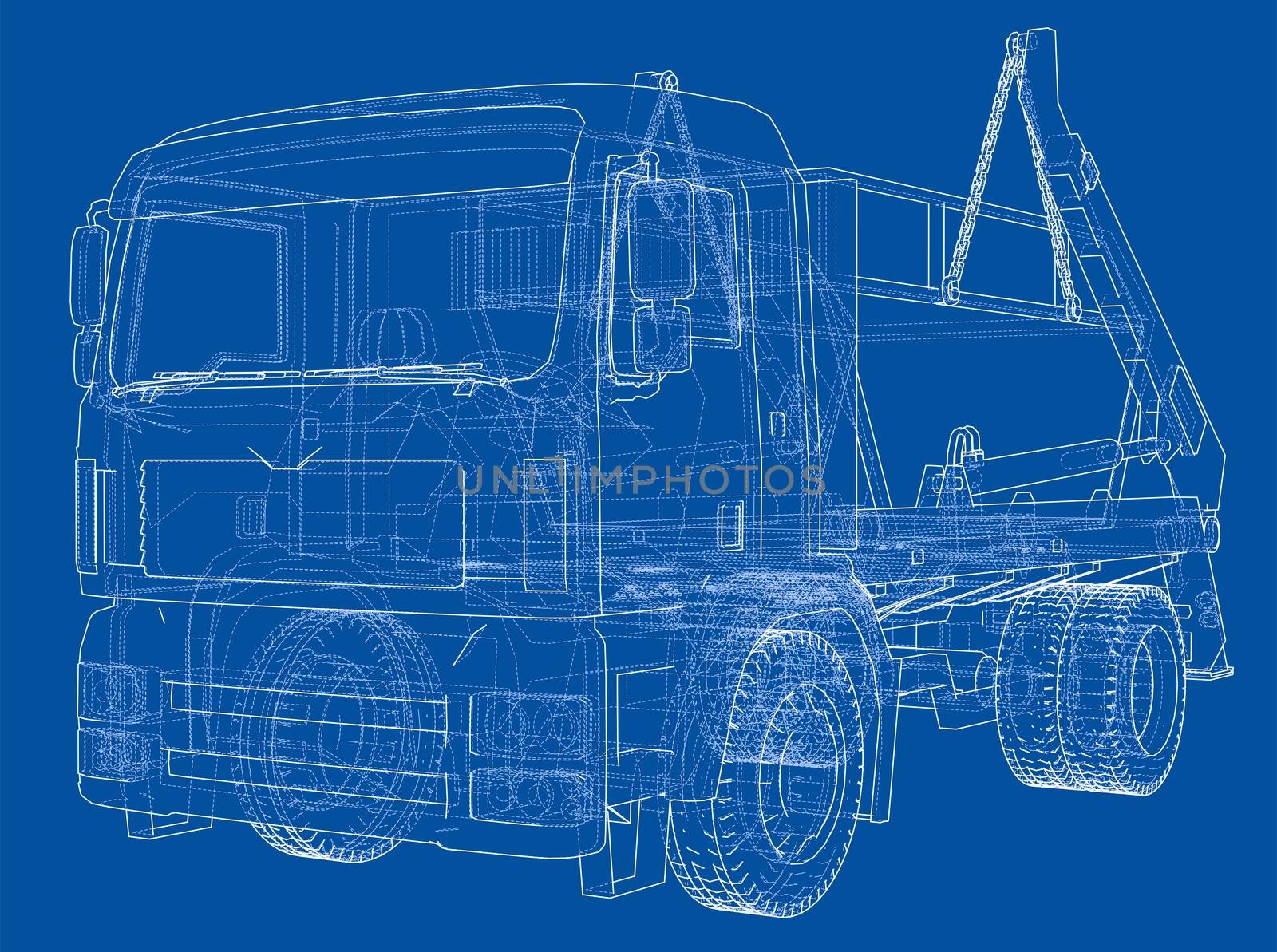 Garbage truck concept. 3d illustration. Wire-frame style