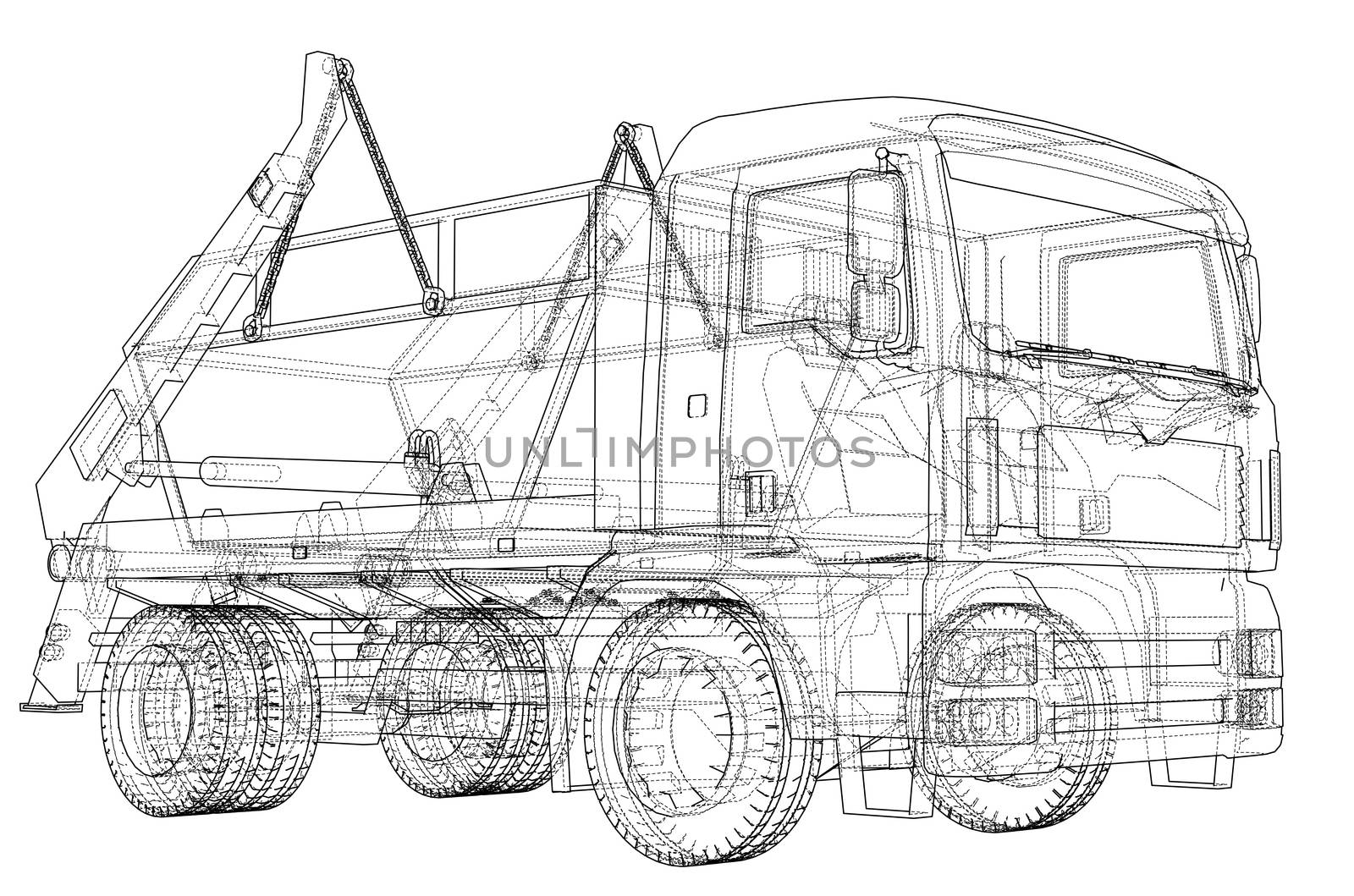 Garbage truck concept. 3d illustration. Wire-frame style