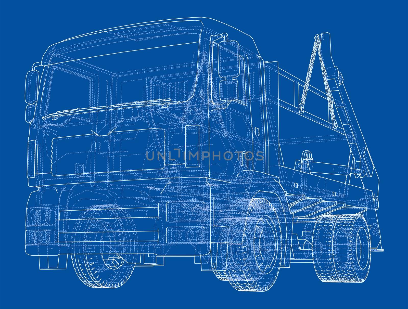 Garbage truck concept. 3d illustration. Wire-frame style