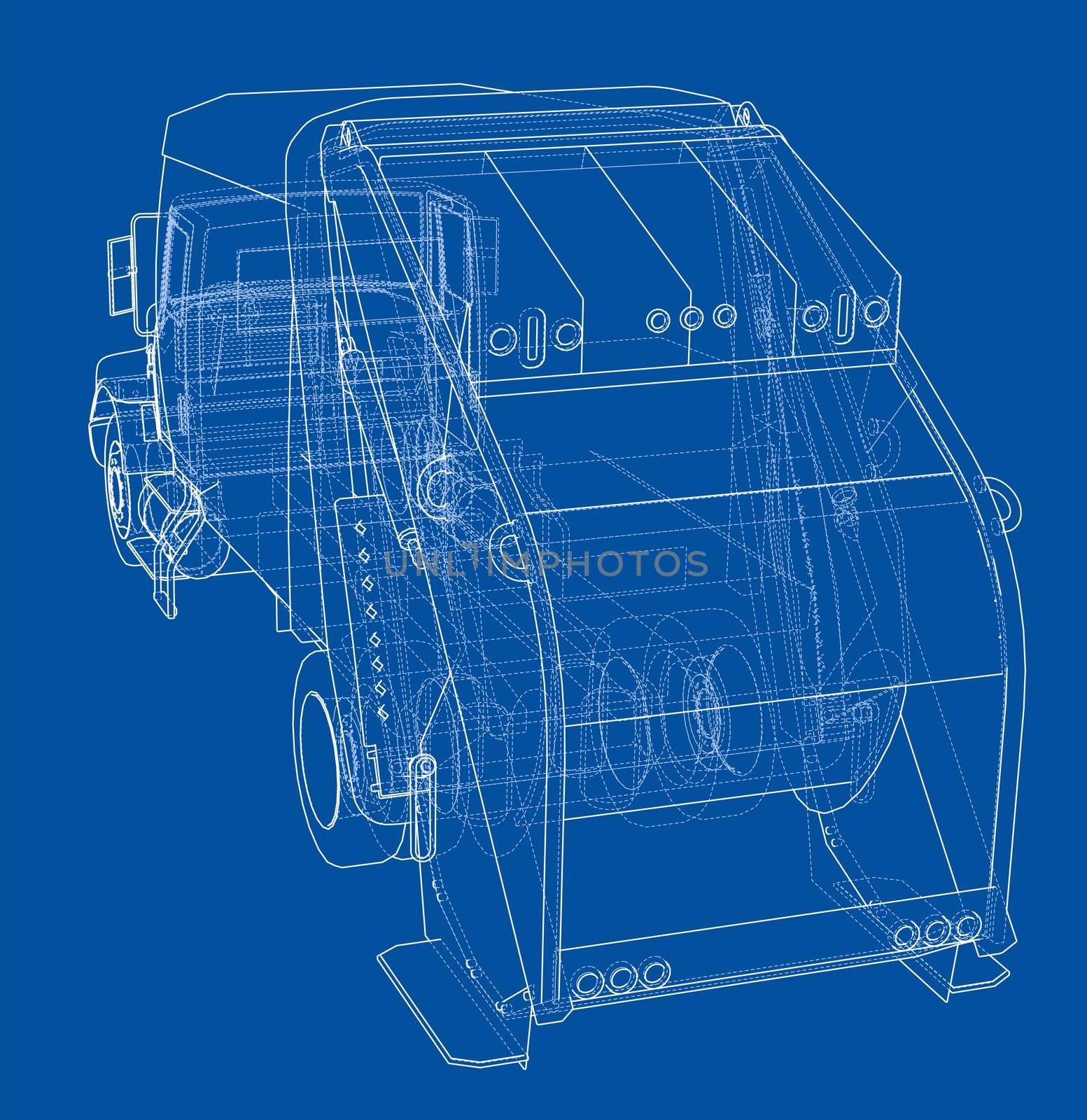 Garbage truck concept. 3d illustration. Wire-frame style