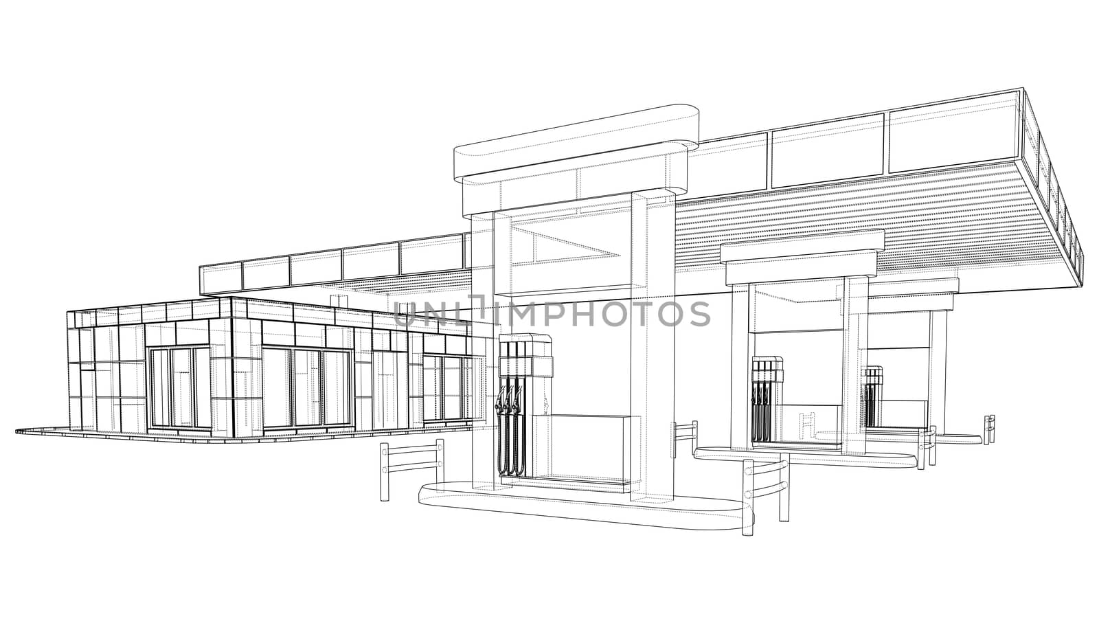 Gas Station. 3d illustration. Blueprint or Wire-frame style