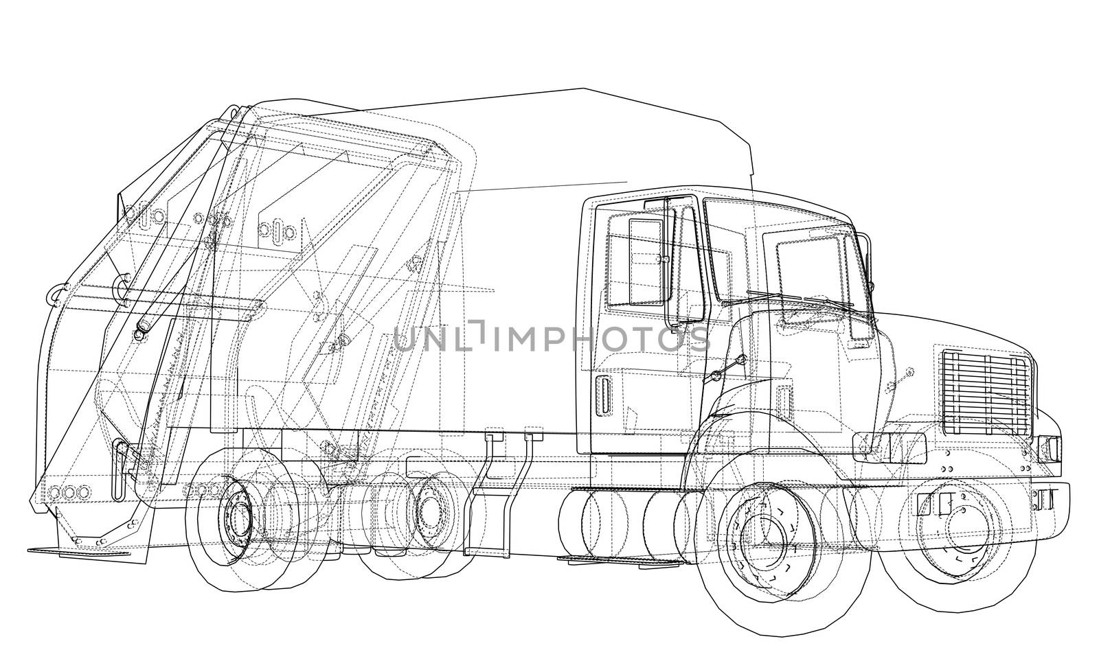 Garbage truck concept. 3d illustration. Wire-frame style