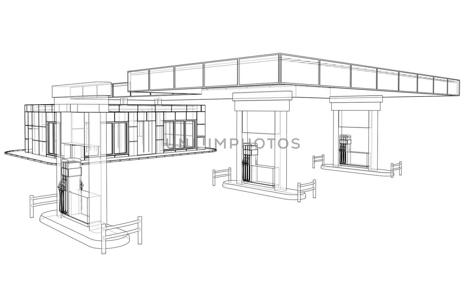 Gas Station. 3d illustration. Blueprint or Wire-frame style