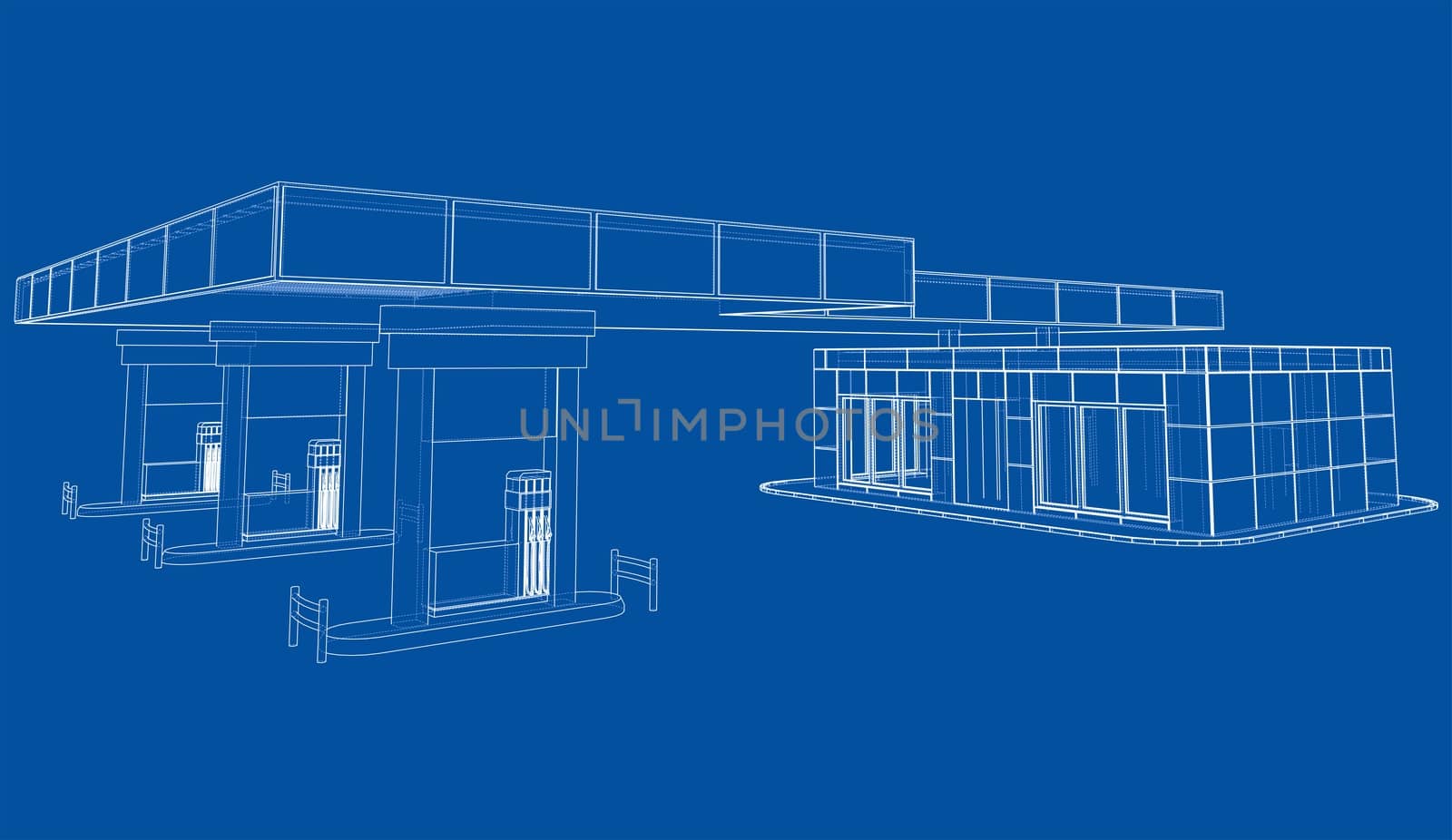 Gas Station. 3d illustration. Blueprint or Wire-frame style