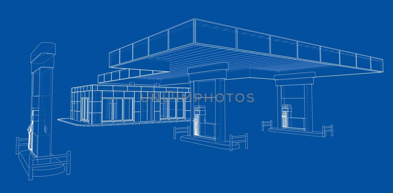 Gas Station. 3d illustration. Blueprint or Wire-frame style