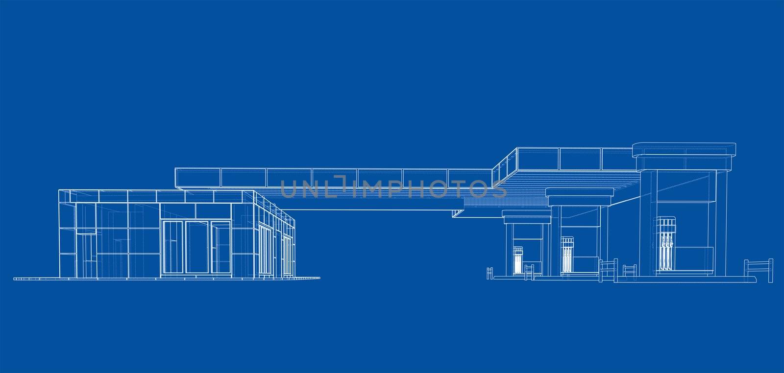 Gas Station. 3d illustration. Blueprint or Wire-frame style