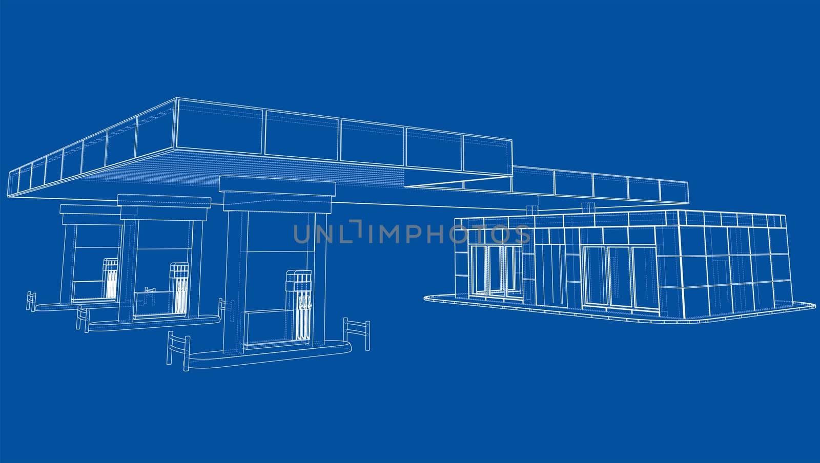 Gas Station. 3d illustration. Blueprint or Wire-frame style