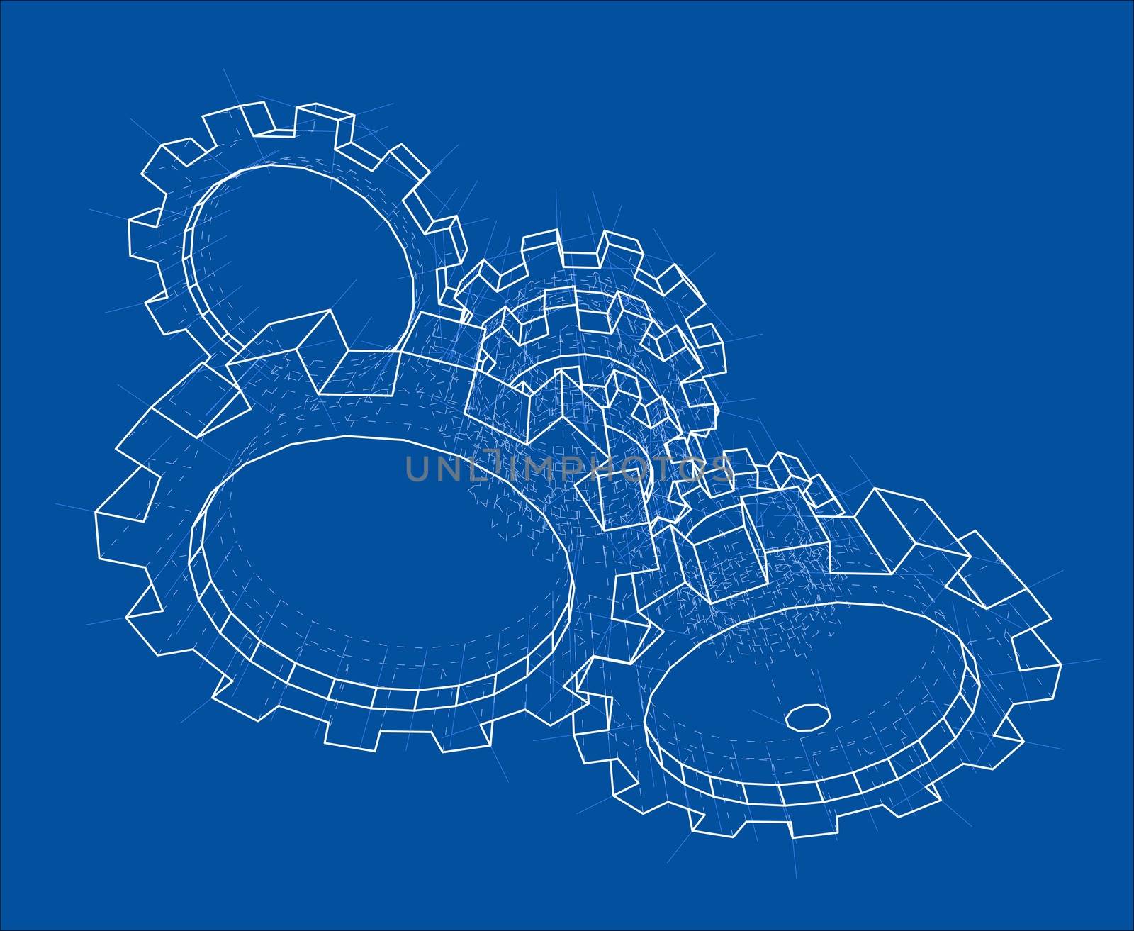 3D gears. 3d illustration. Blueprint or Wire-frame style