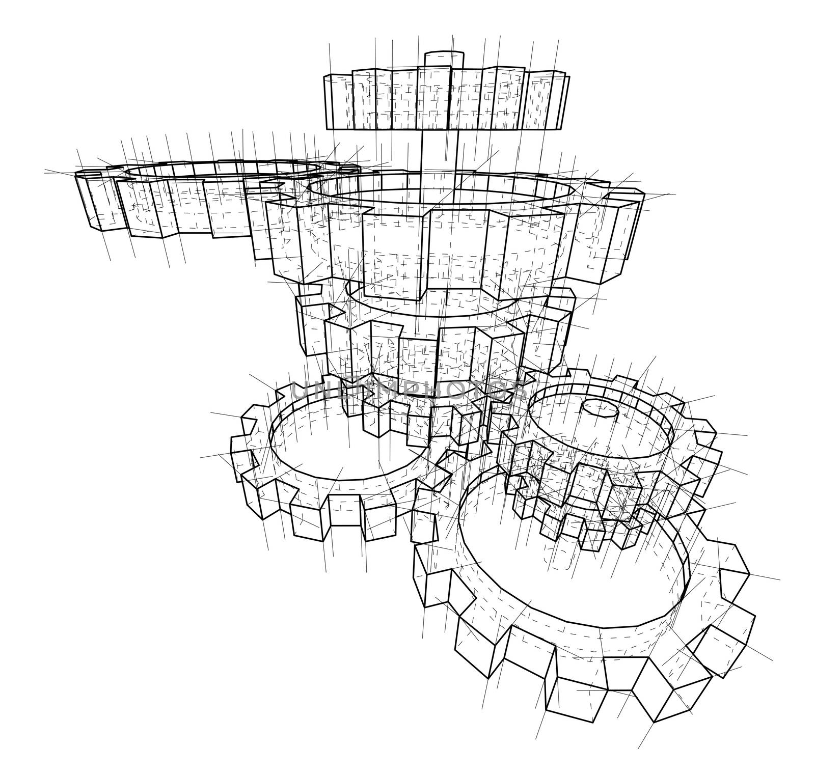 3D gears. 3d illustration. Blueprint or Wire-frame style