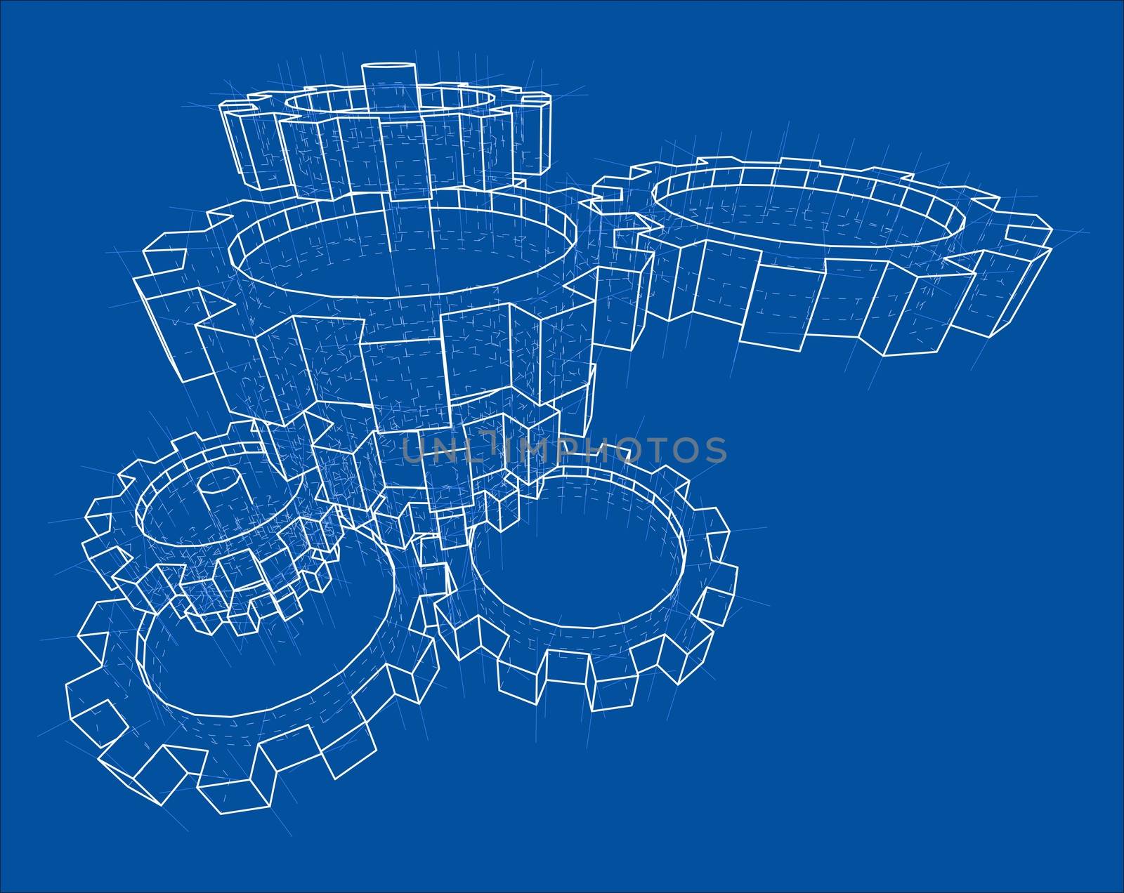 3D gears. 3d illustration. Blueprint or Wire-frame style