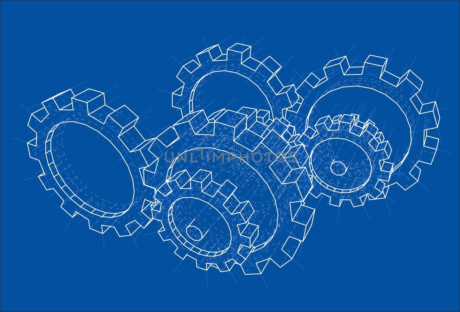 3D gears. 3d illustration. Blueprint or Wire-frame style