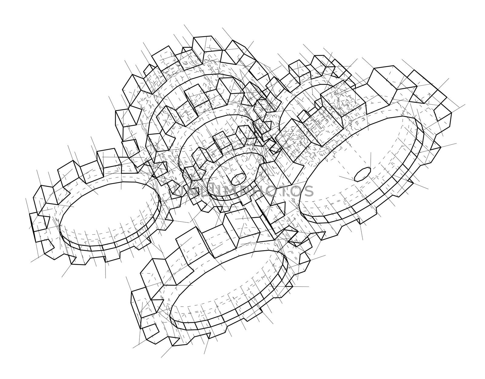 3D gears. 3d illustration. Blueprint or Wire-frame style