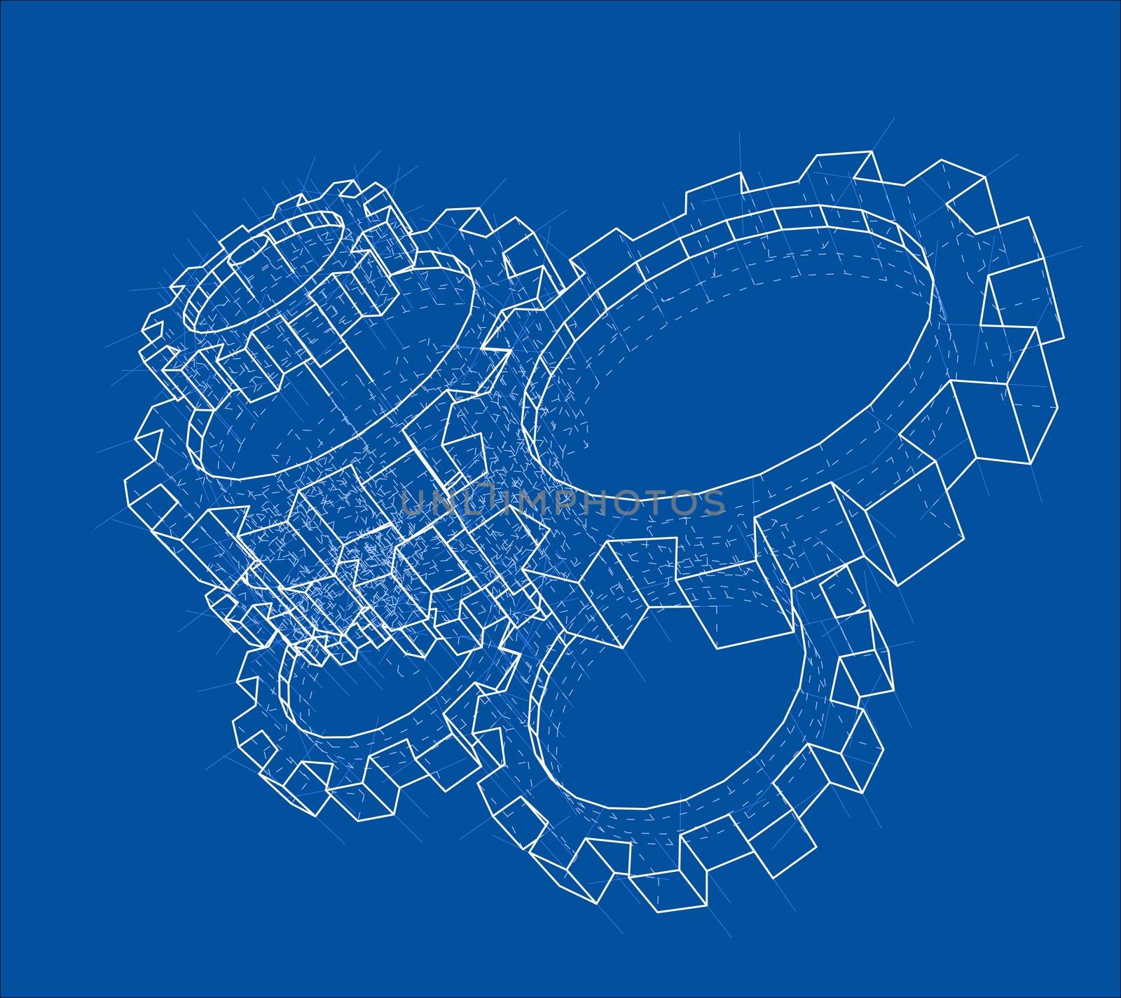 3D gears. 3d illustration. Blueprint or Wire-frame style