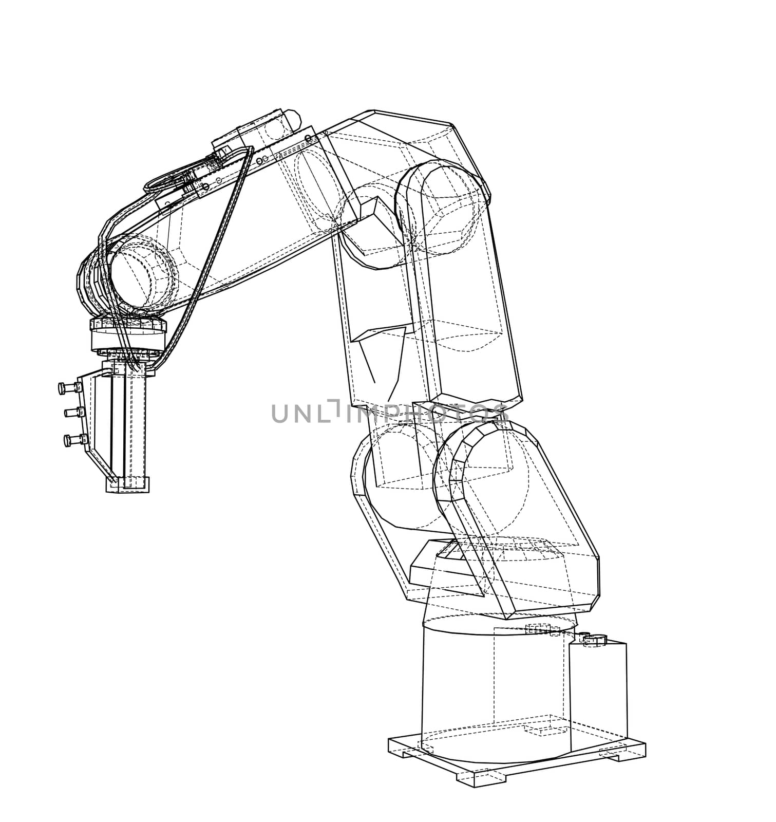 3D outline Robotic arm. 3d illustration. Wire-frame style