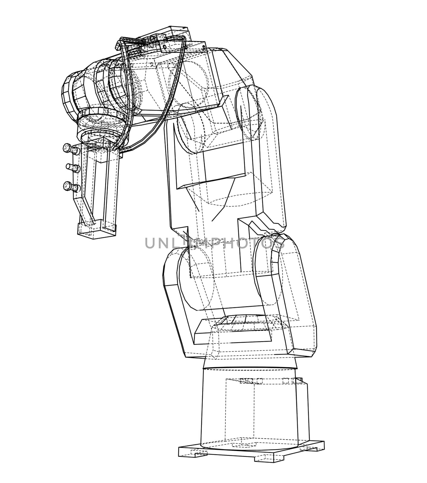 3D outline Robotic arm. 3d illustration. Wire-frame style