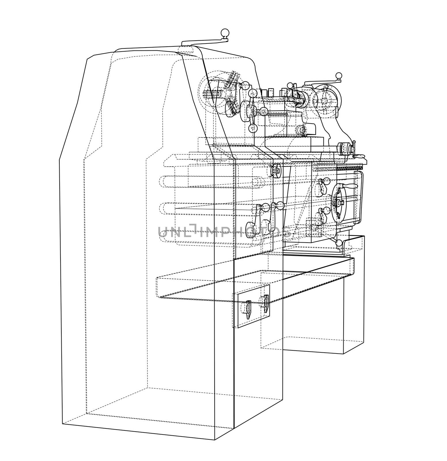 Lathe concept. 3d illustration. Blueprint or Wire-frame style