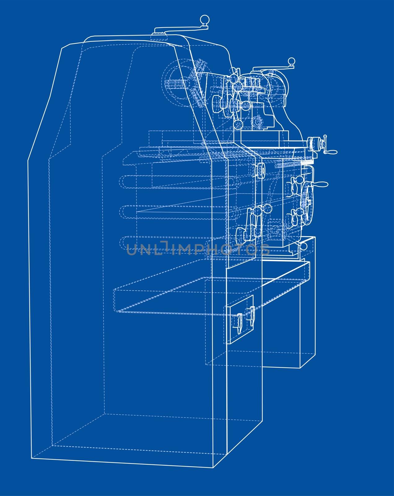 Lathe concept. 3d illustration. Blueprint or Wire-frame style