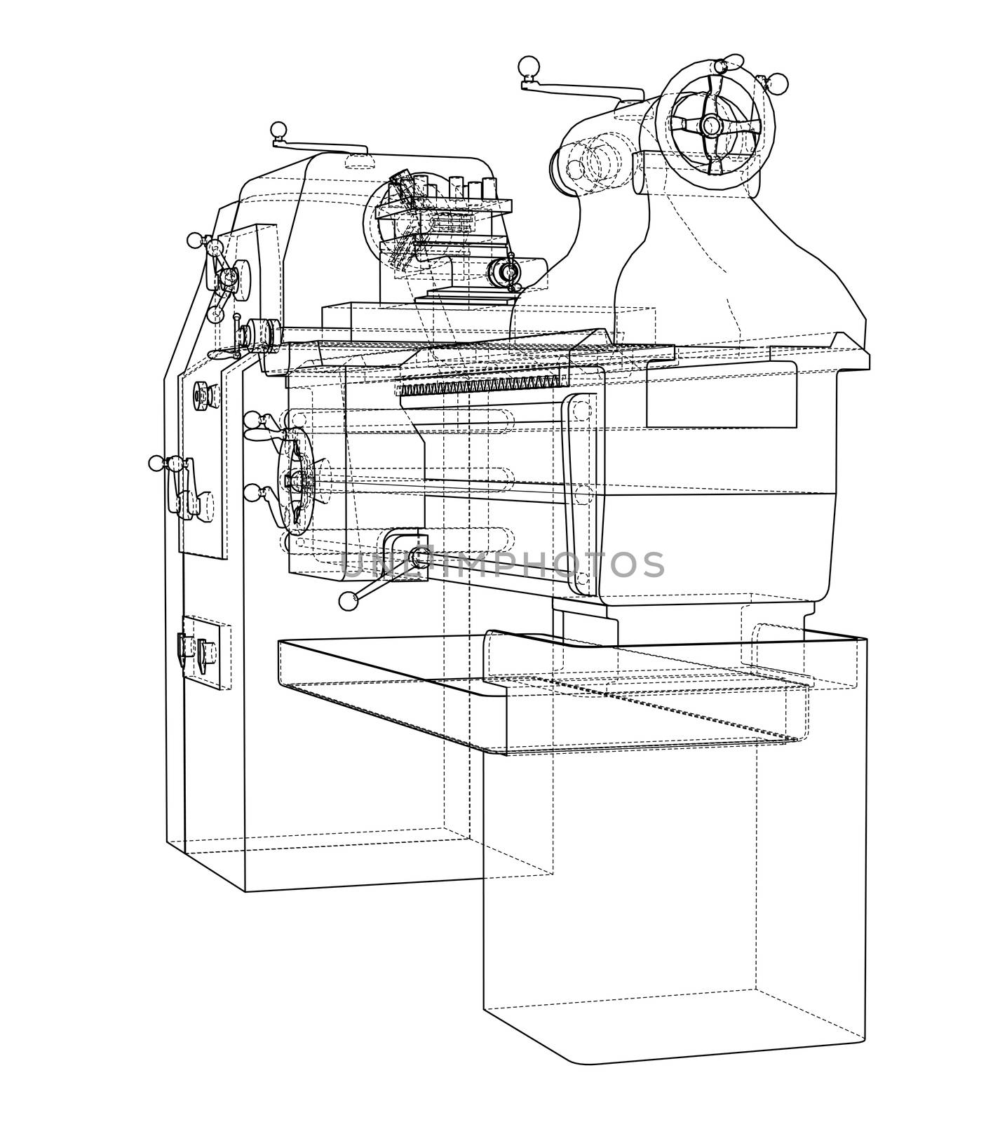 Lathe concept. 3d illustration. Blueprint or Wire-frame style