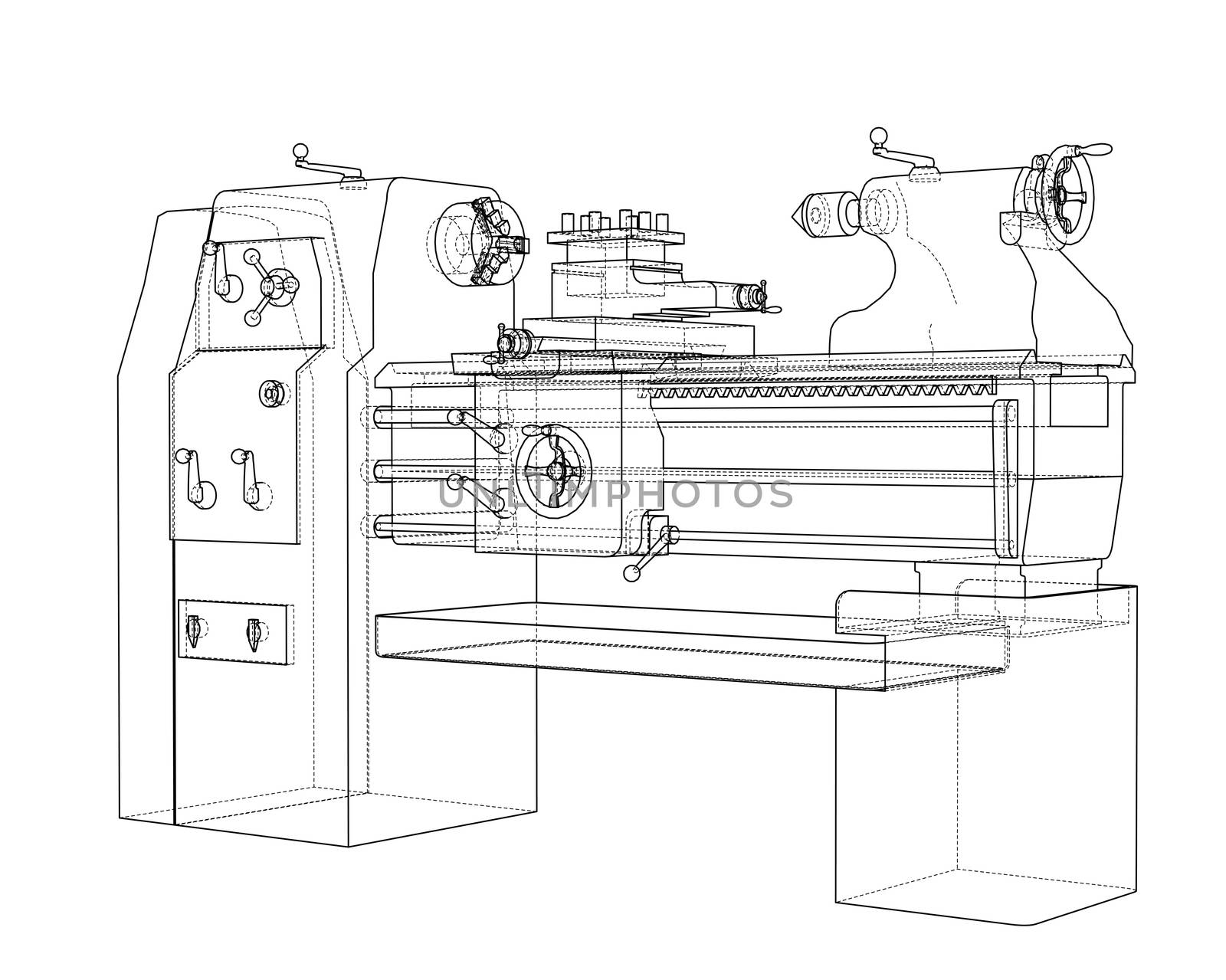 Lathe concept. 3d illustration. Blueprint or Wire-frame style