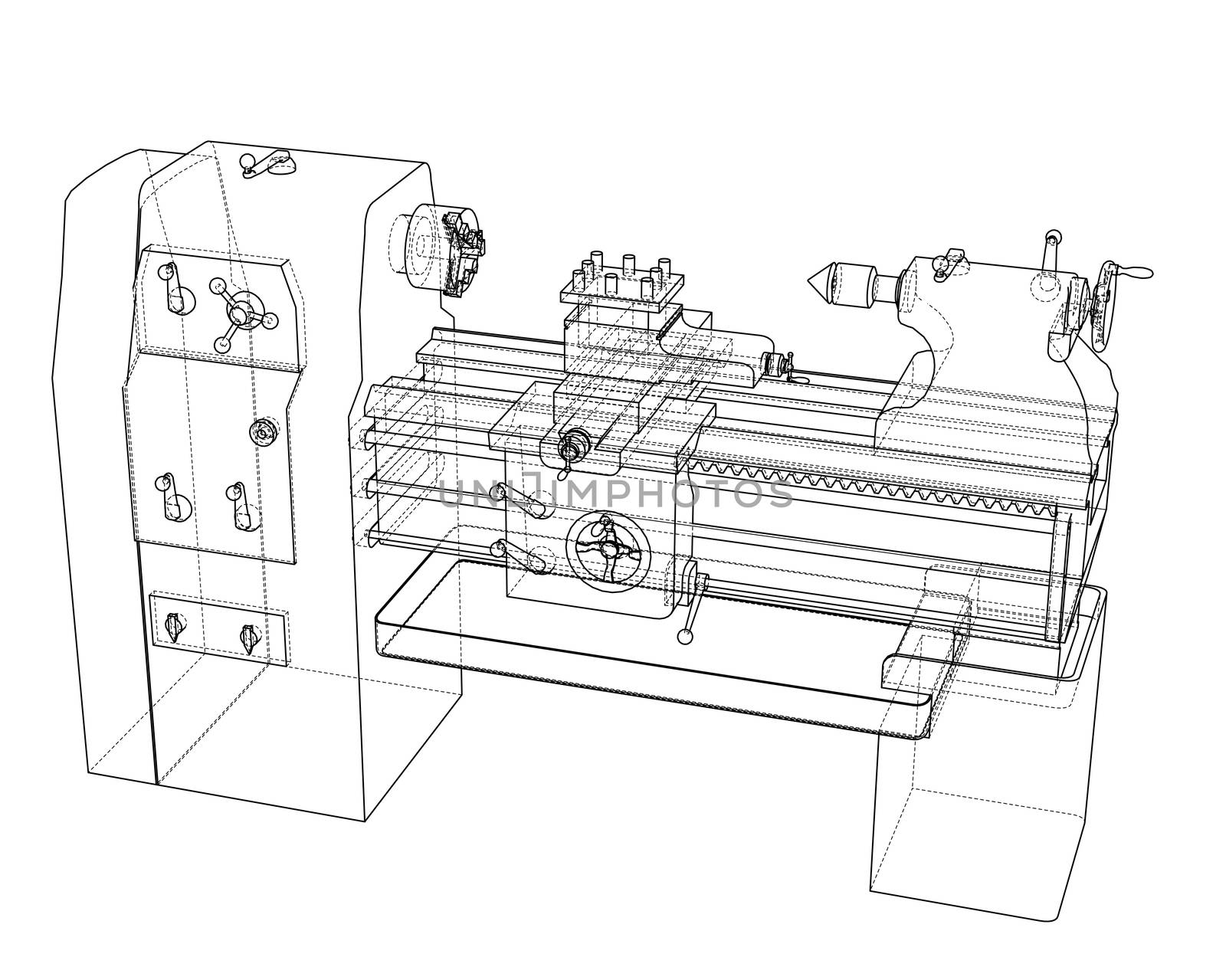 Lathe concept. 3d illustration. Blueprint or Wire-frame style