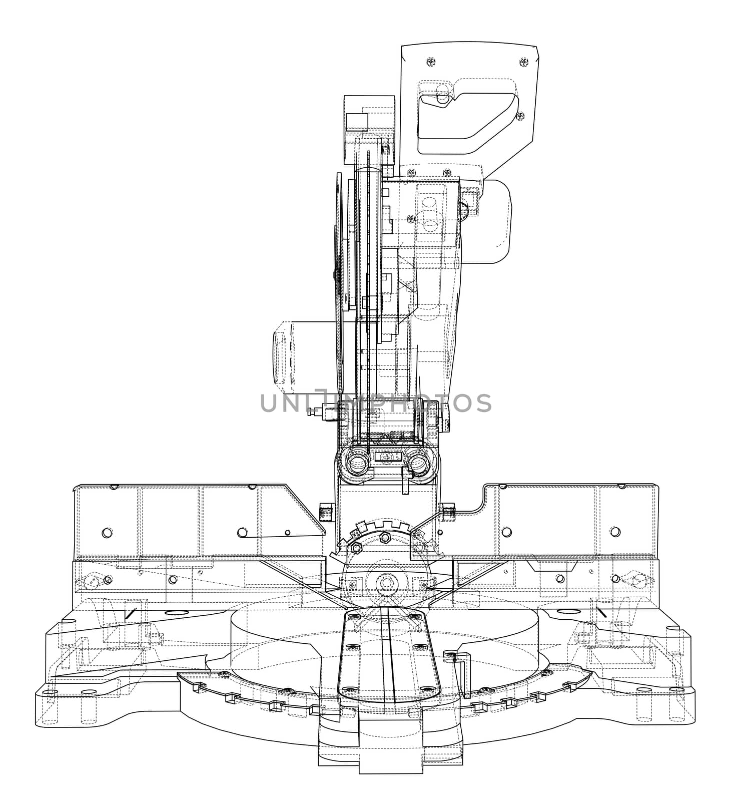 Mitre saw blade concept. 3d illustration. Wire-frame style