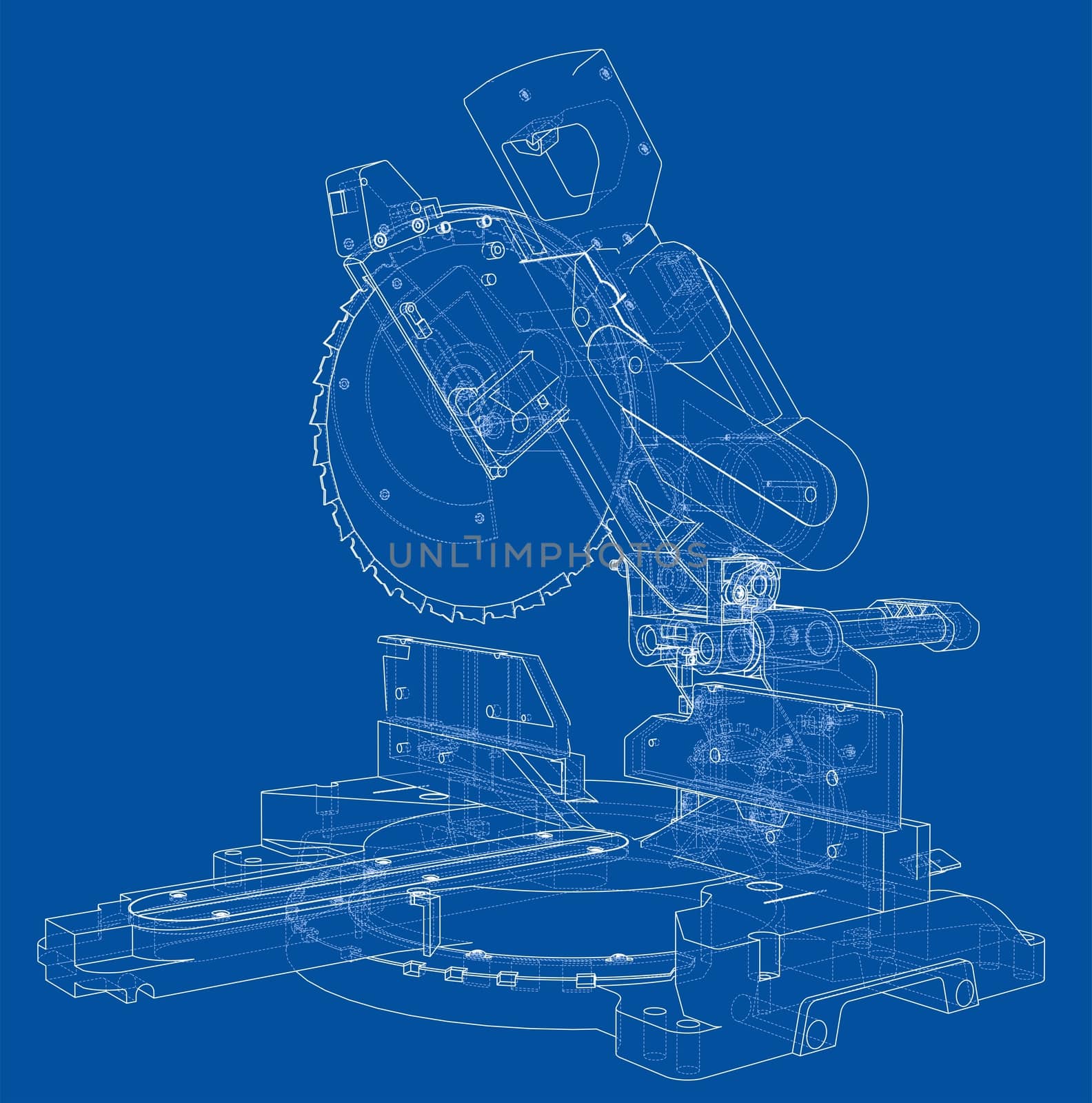 Mitre saw blade concept. 3d illustration. Wire-frame style